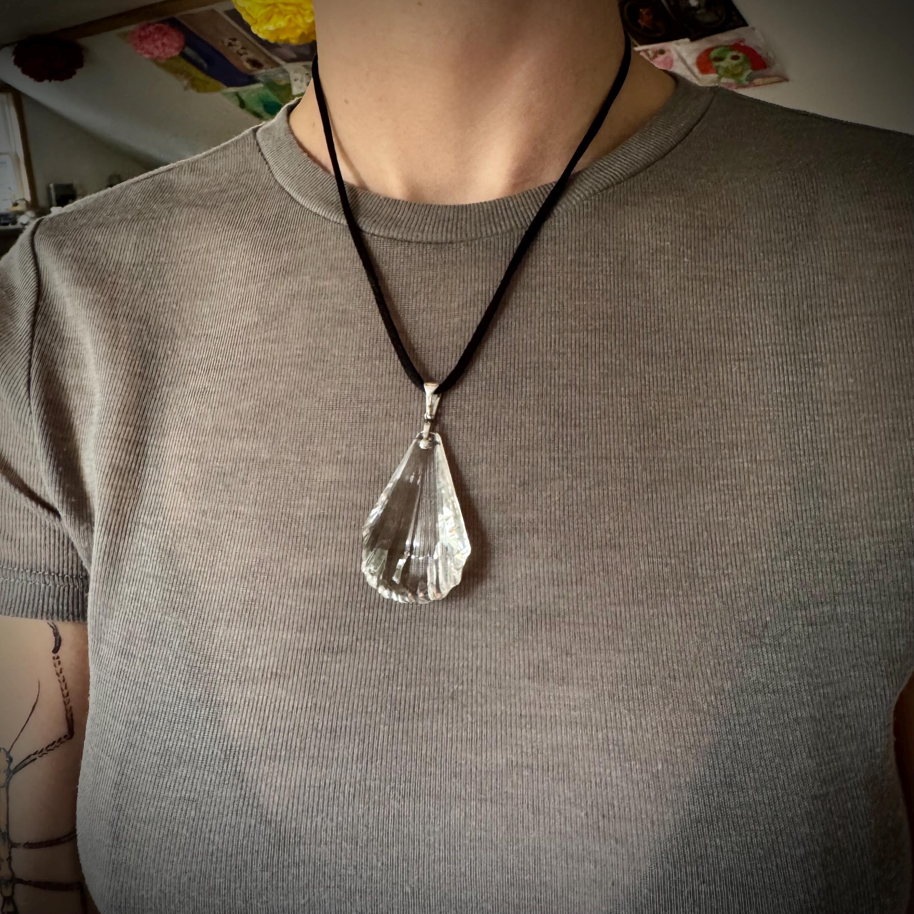 Huge antique Art Deco cut rock crystal sterling drop pendant