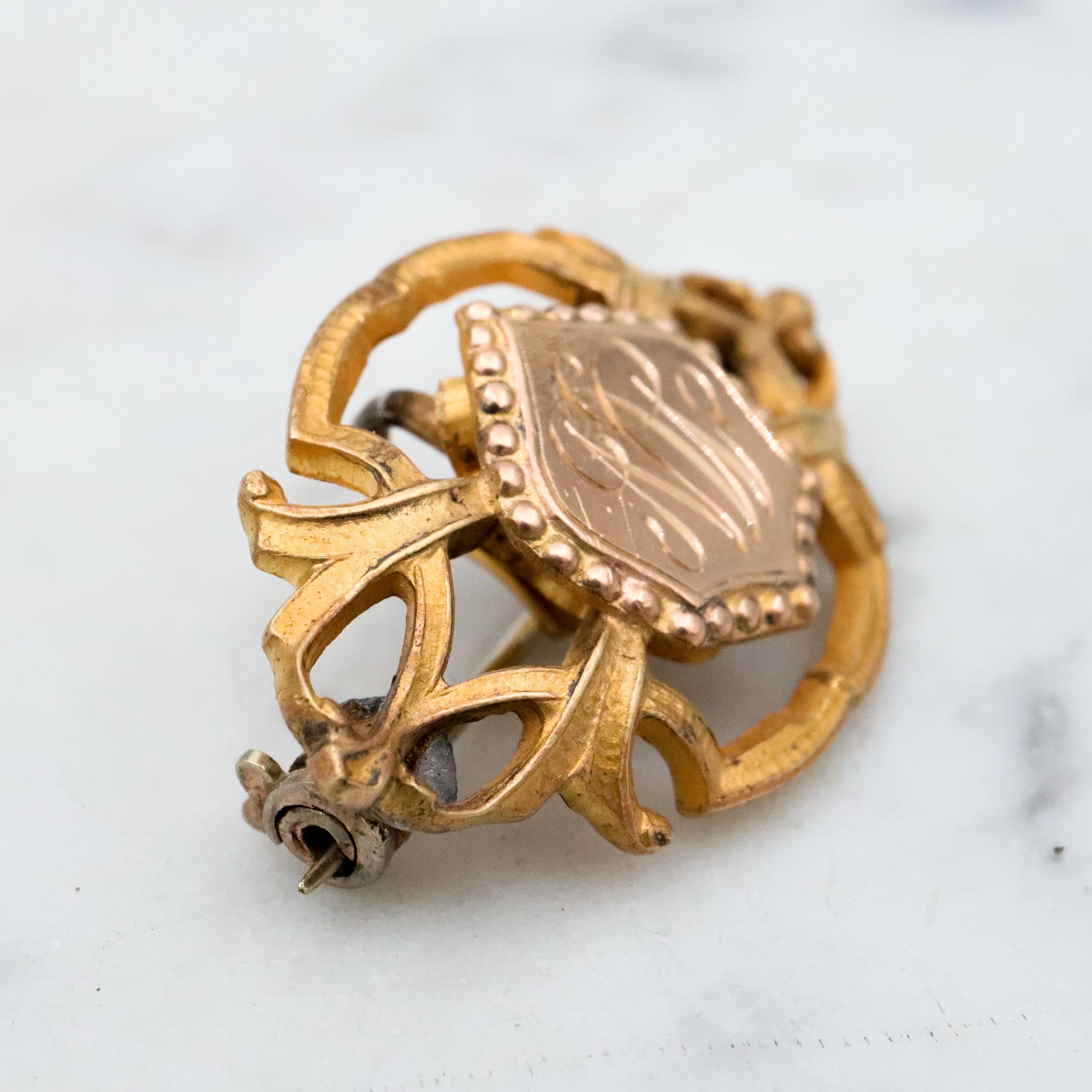 Antique Art Deco gilt metal & gold filled watch clip brooch with "MN" mono shield