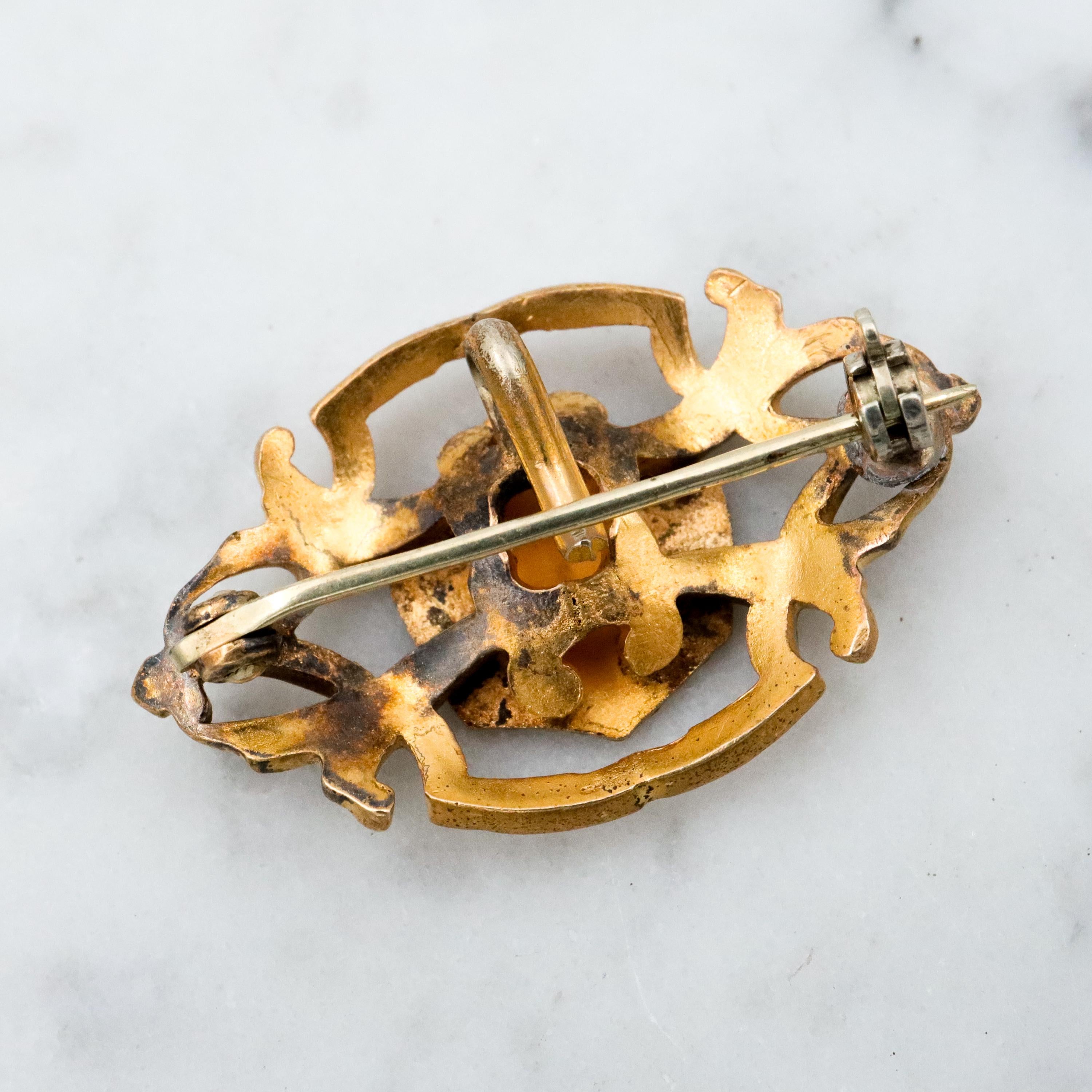 Antique Art Deco gilt metal & gold filled watch clip brooch with "MN" mono shield