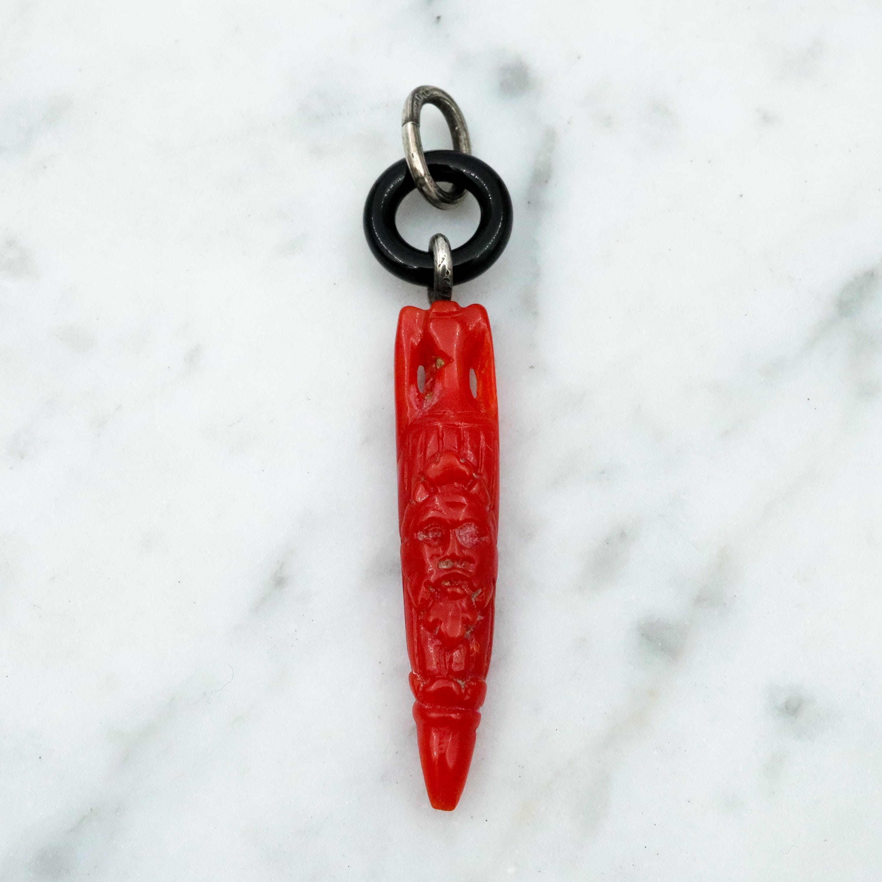 Antique Victorian carved coral amphora urn & onyx loop pendant