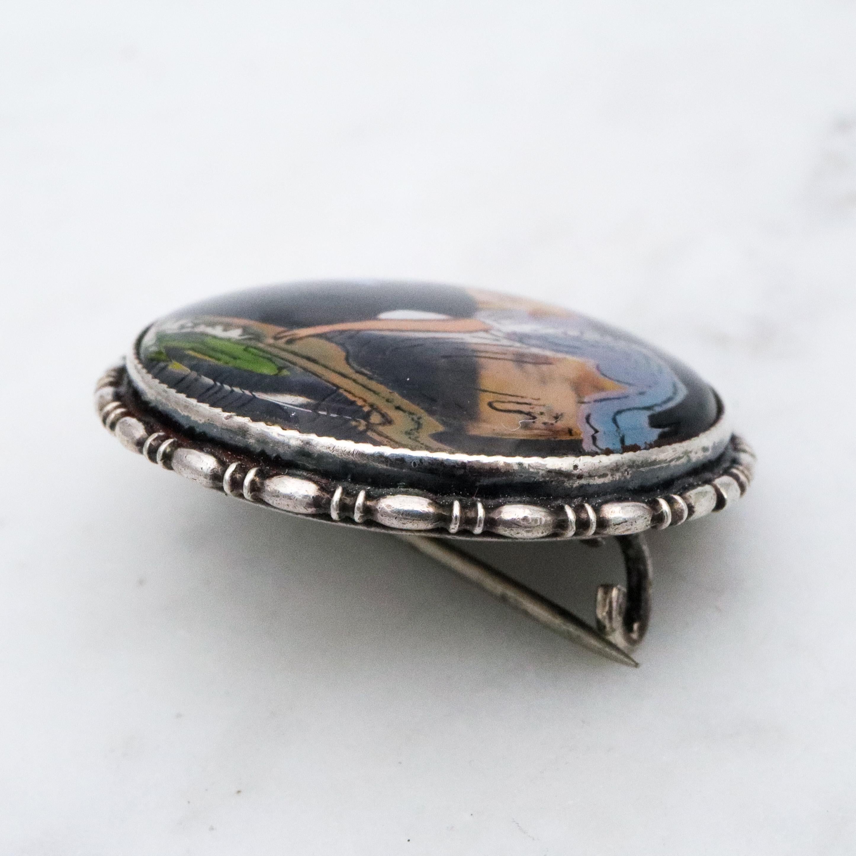 Antique Victorian 1924 England sterling morpho butterfly reverse painted brooch