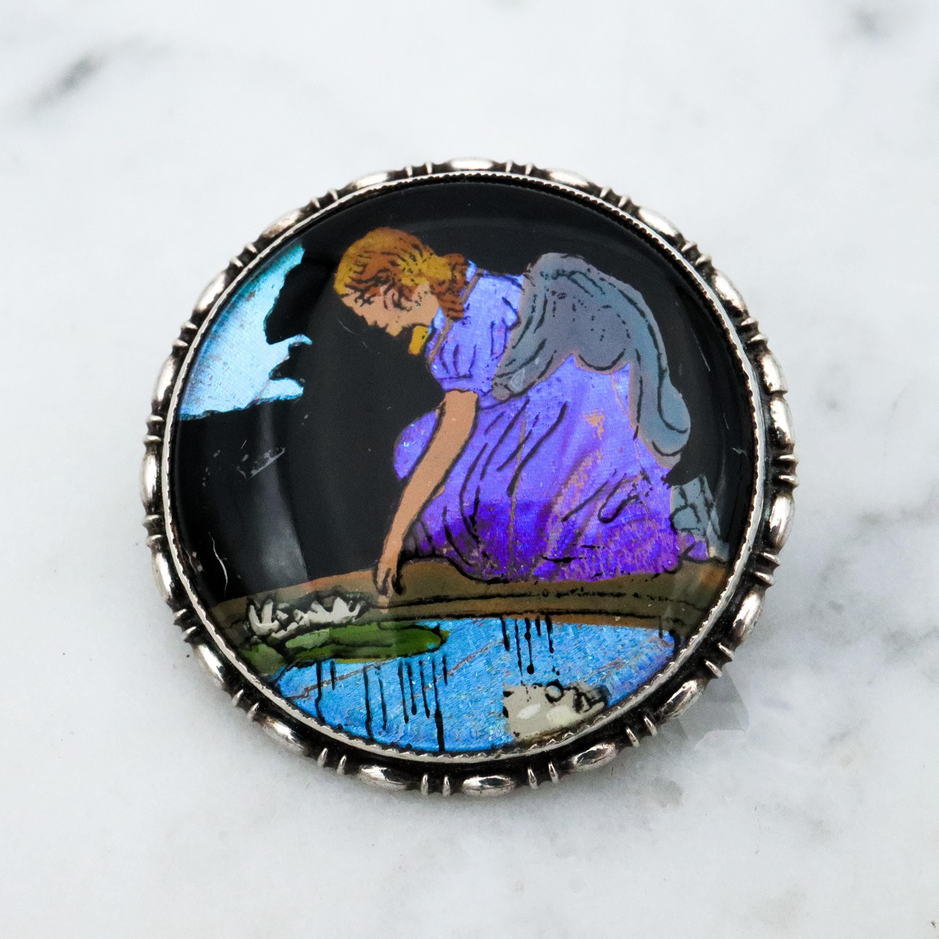 Antique Victorian 1924 England sterling morpho butterfly reverse painted brooch
