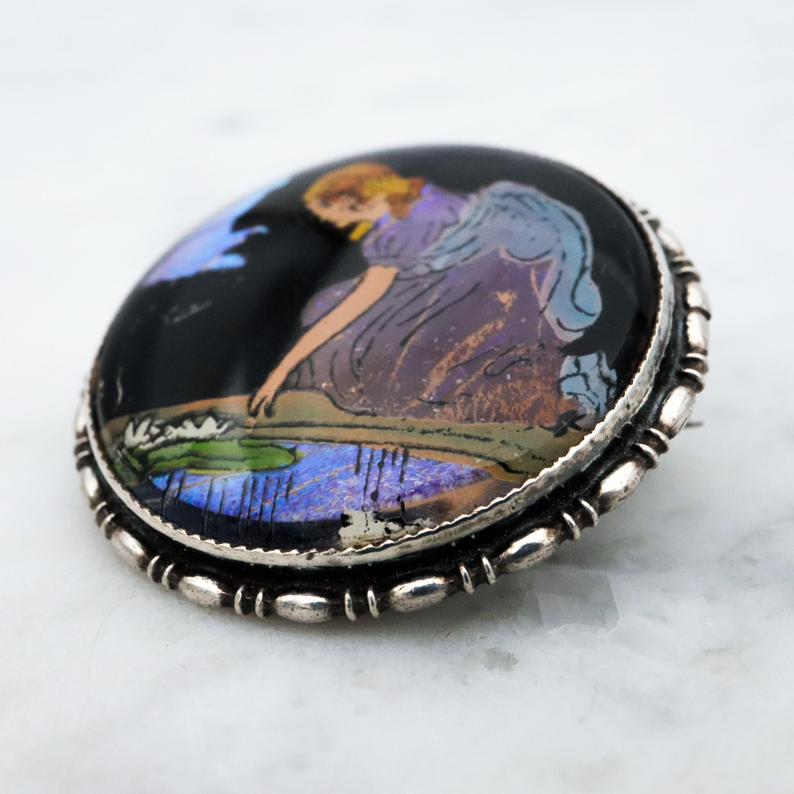 Antique Victorian 1924 England sterling morpho butterfly reverse painted brooch
