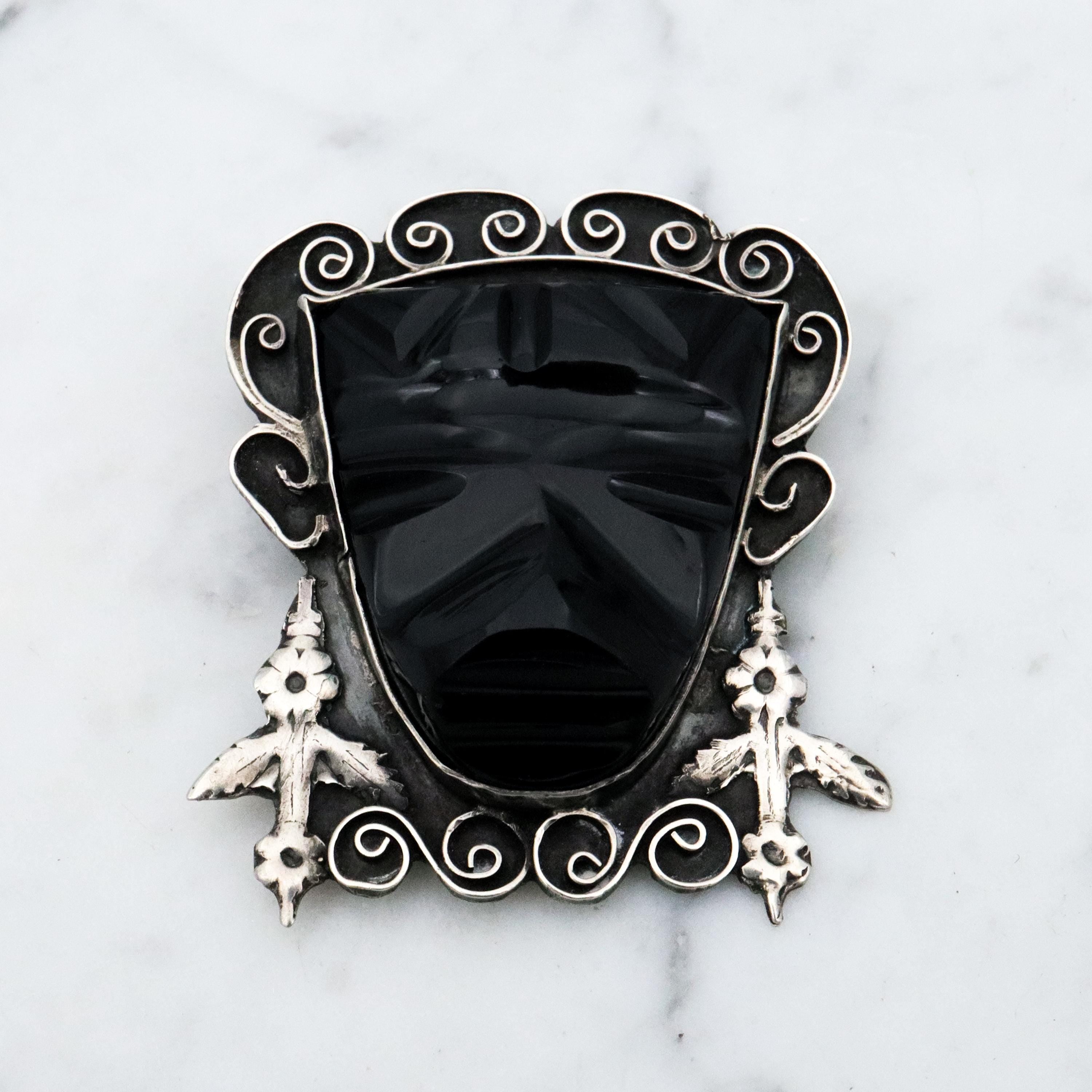 Antique 1920s Mexican sterling onyx carved Mayan mask brooch