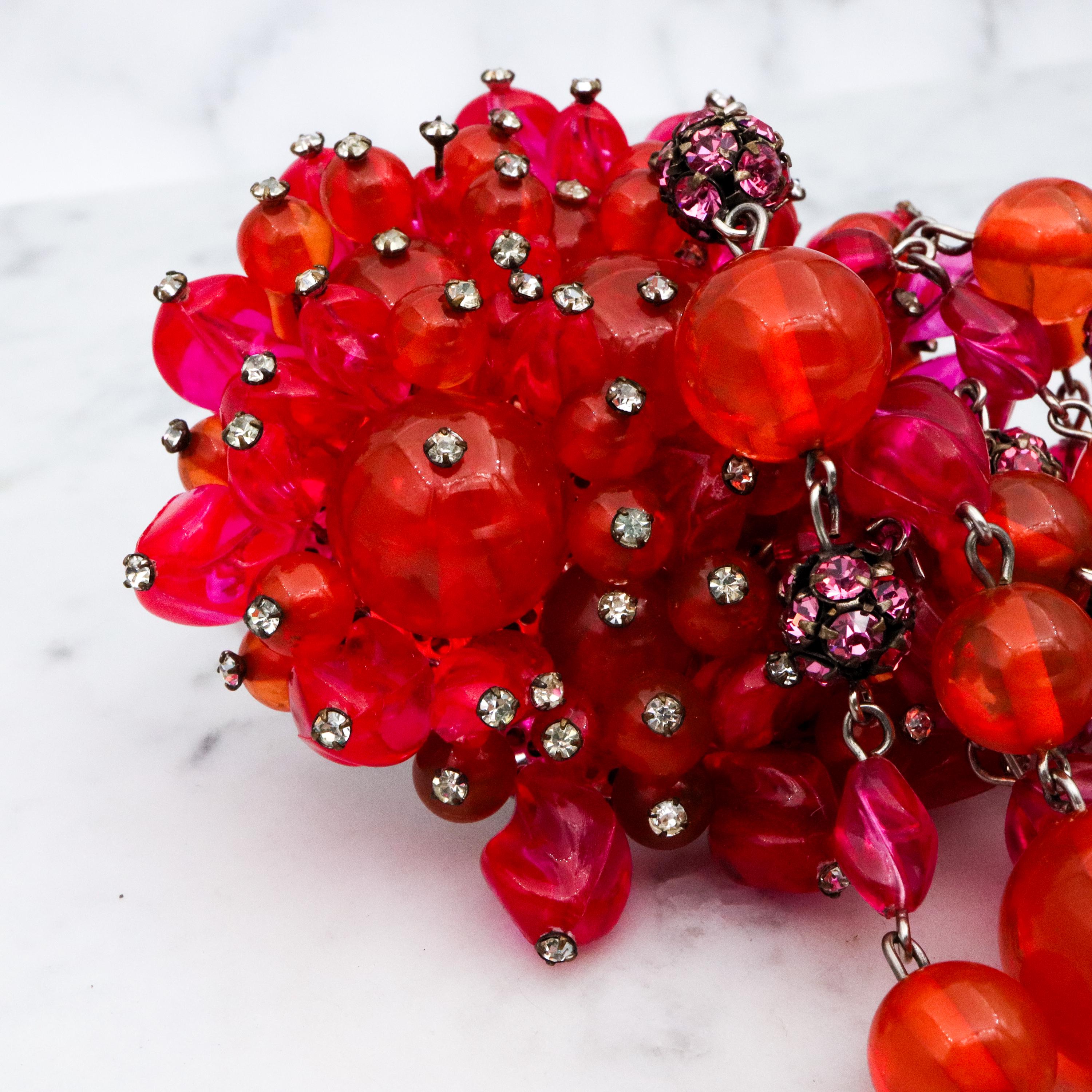 Rare Mid Century Brania huge orange & pink beaded brooch with long drops
