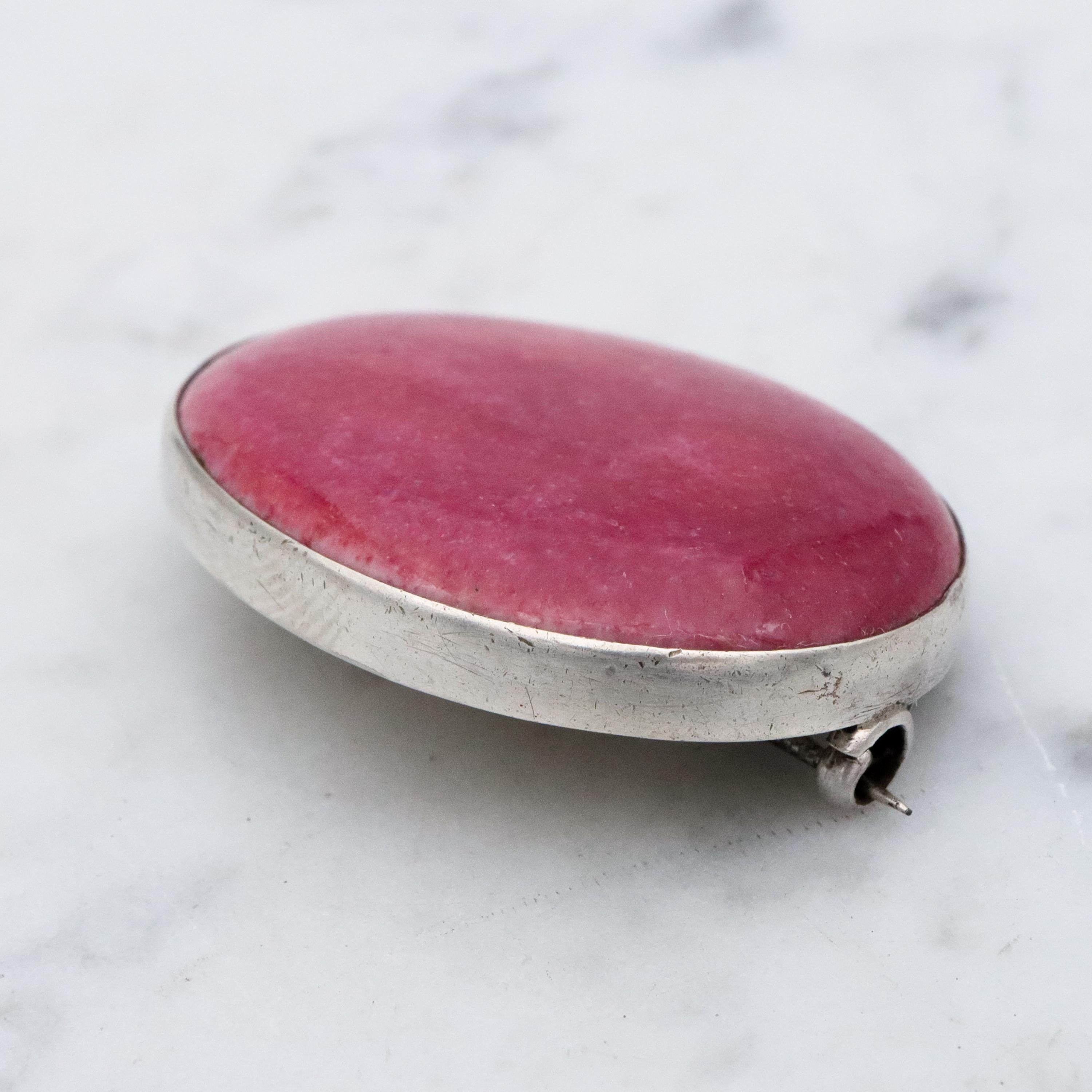 Antique Arts & Crafts rose red glazed pottery sterling brooch