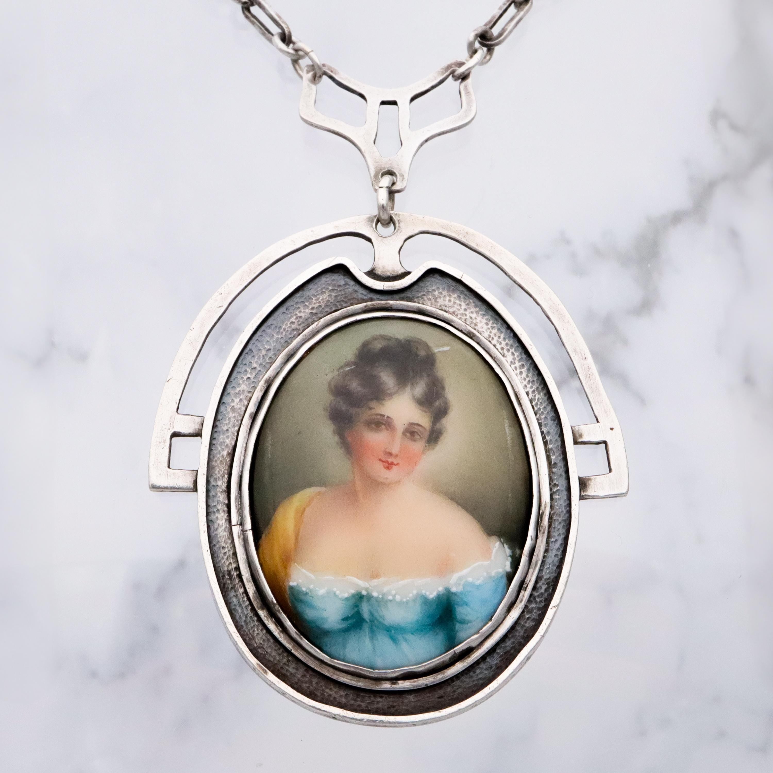 Antique Arts & Crafts hand painted portrait pendant sterling necklace