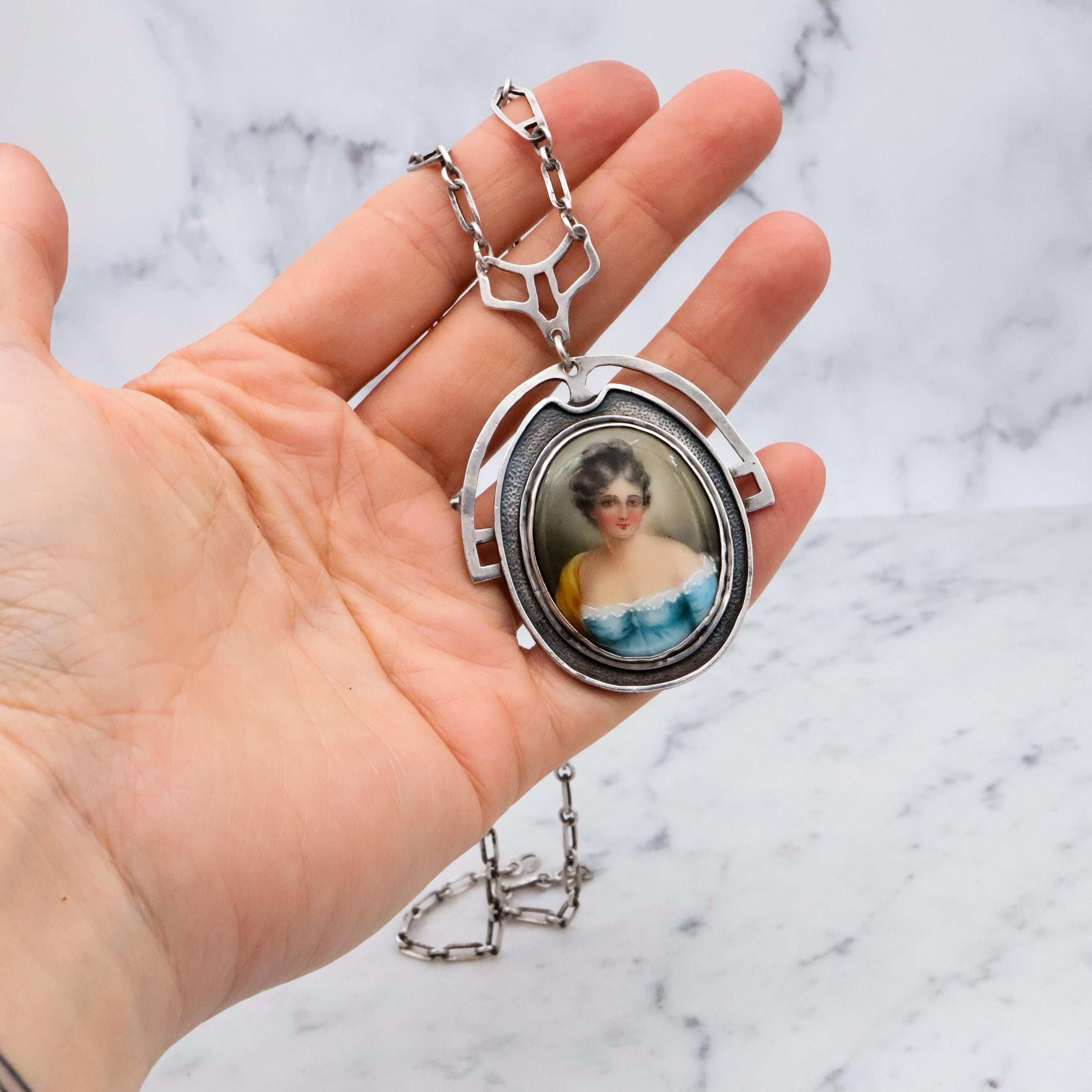 Antique Arts & Crafts hand painted portrait pendant sterling necklace