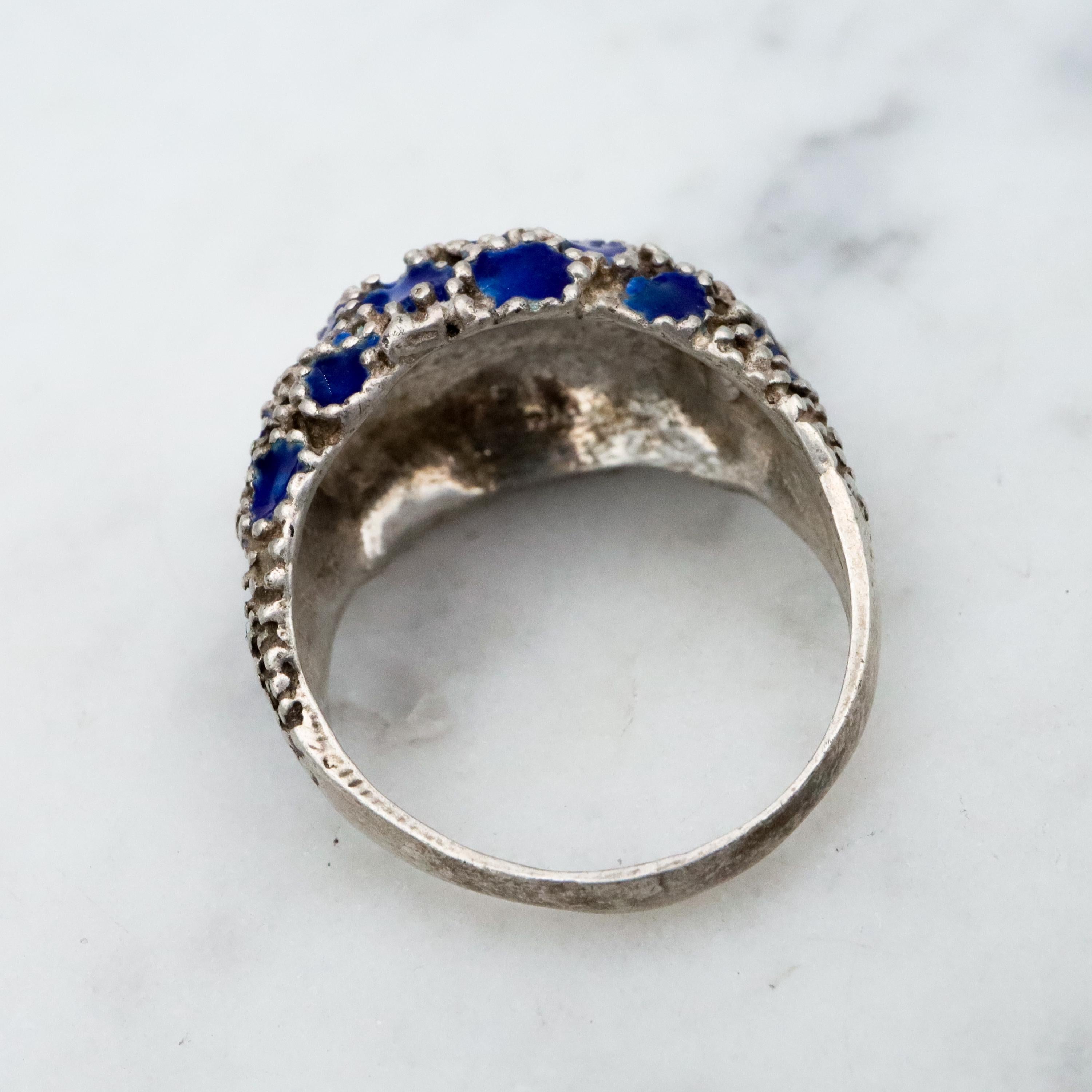 Retro vintage sterling blue enamel dotted domed ring, size 4.75