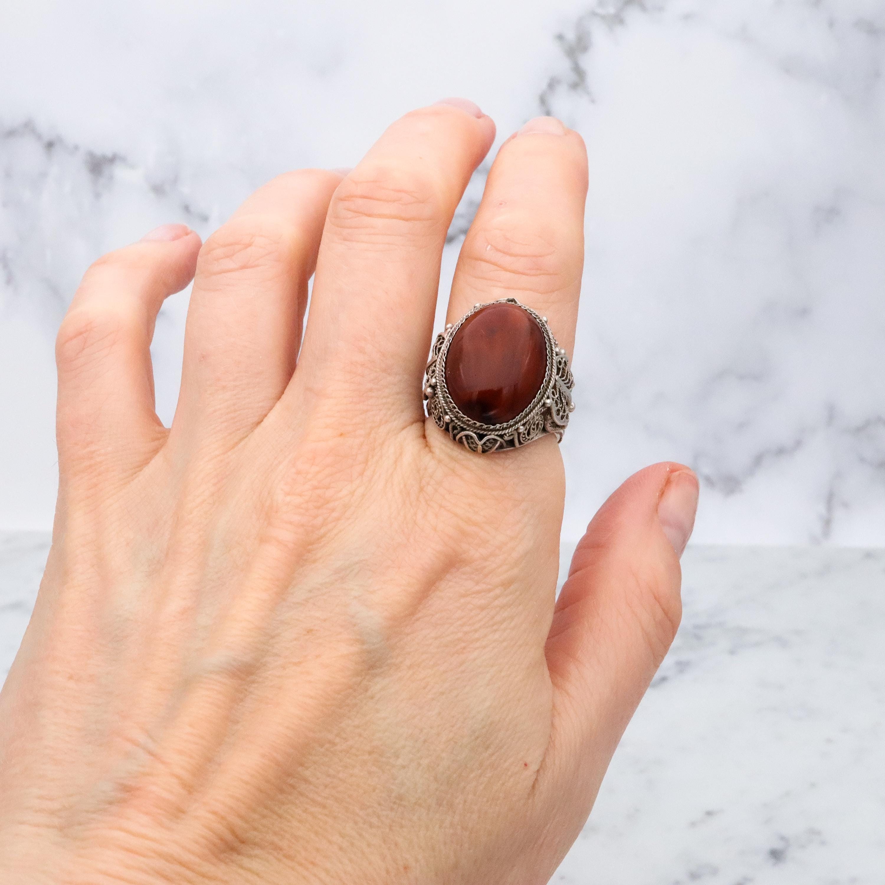 Antique Chinese silver filigree amber ring, size 8.5 adjustable