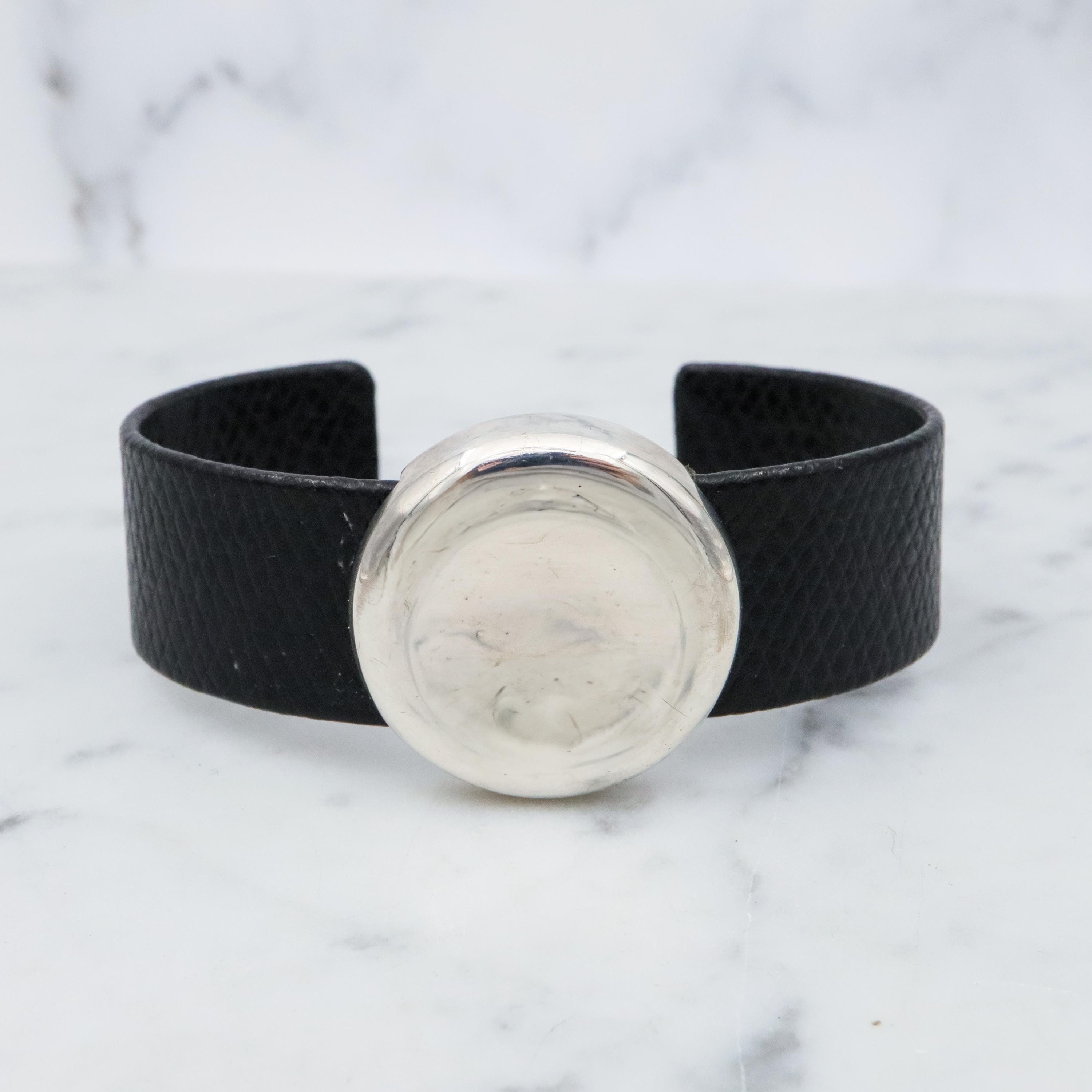 Retro Movado black leather & sterling button cuff bracelet