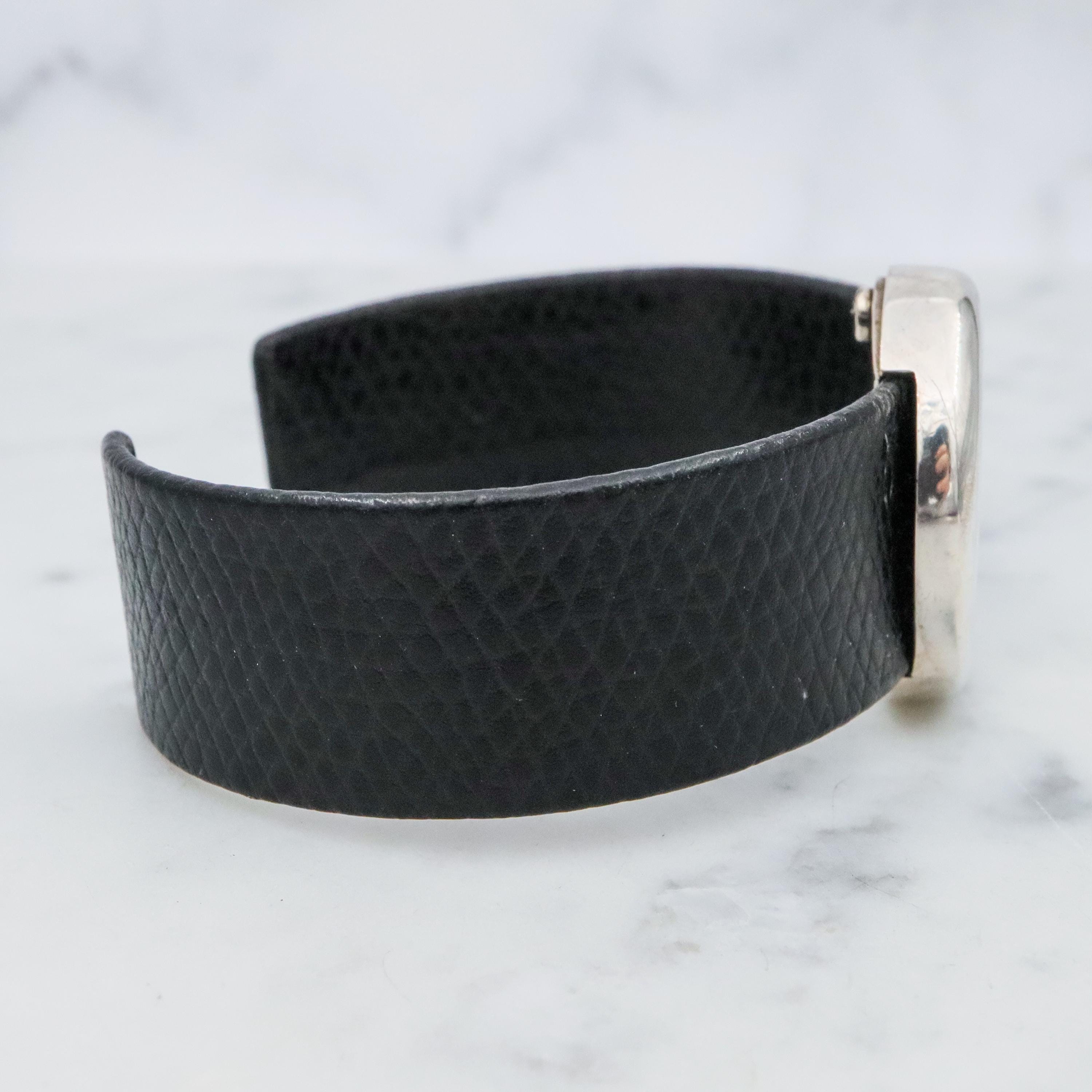 Retro Movado black leather & sterling button cuff bracelet