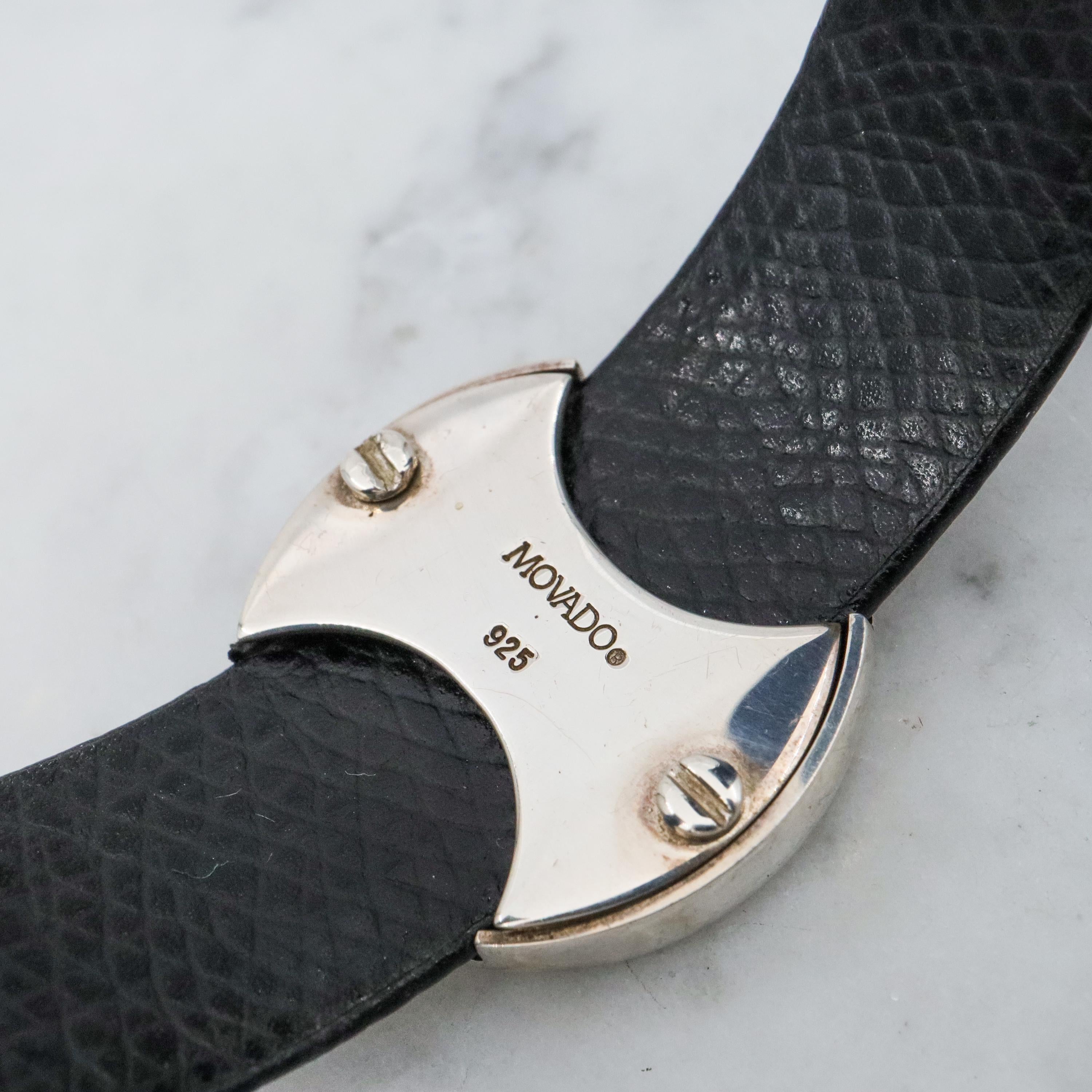 Retro Movado black leather & sterling button cuff bracelet