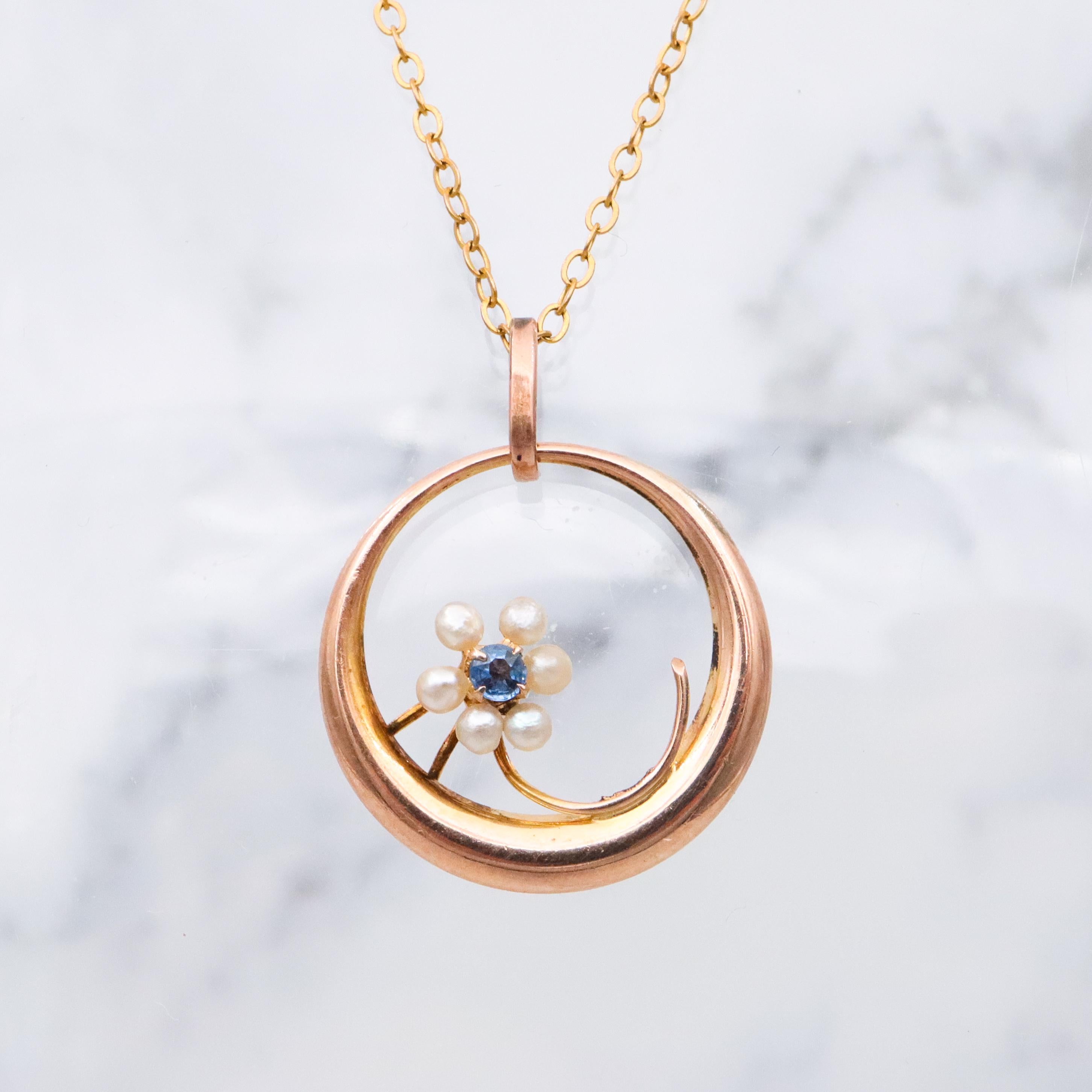 Antique Victorian 10k gold pearl & sapphire flower moon pendant