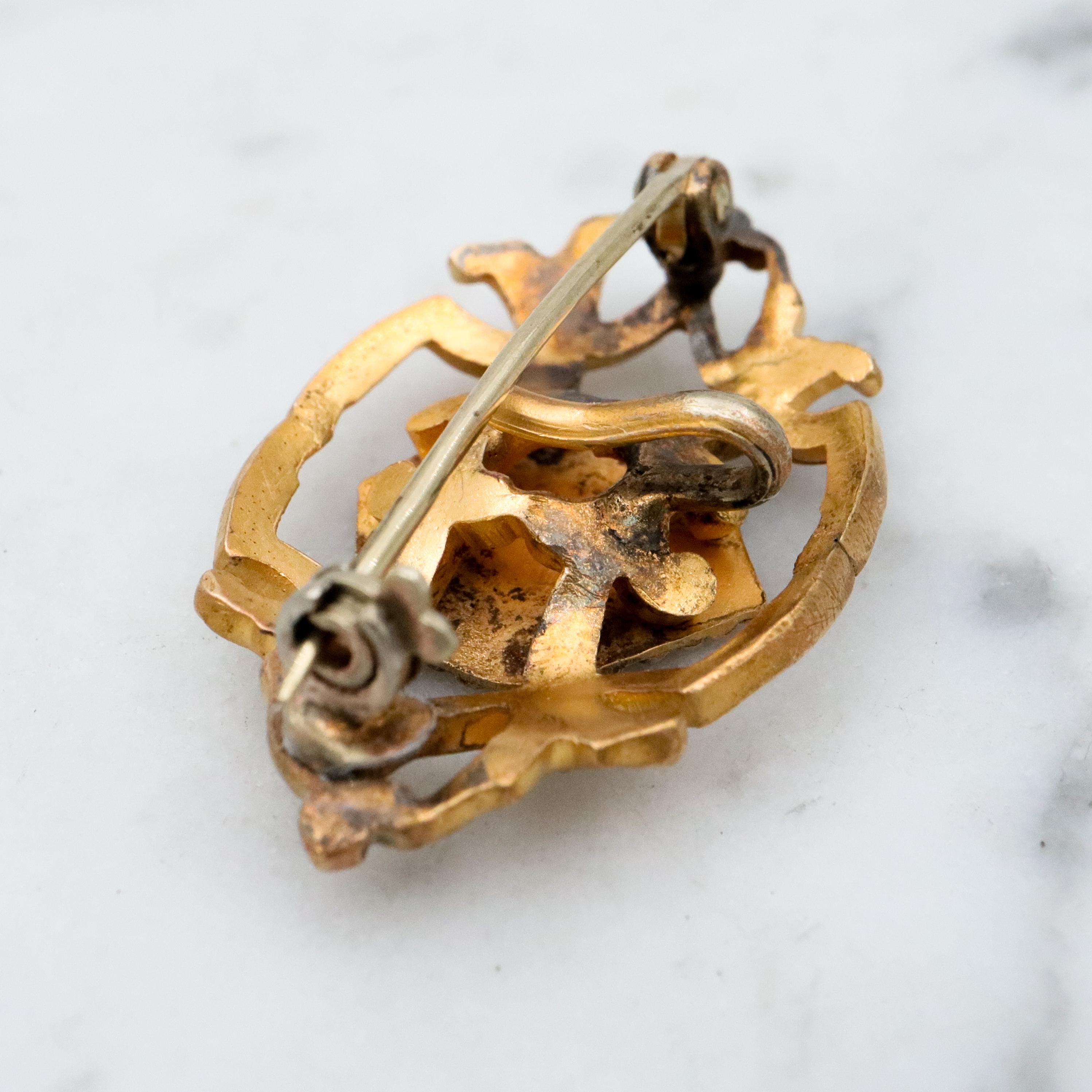 Antique Art Deco gilt metal & gold filled watch clip brooch with "MN" mono shield
