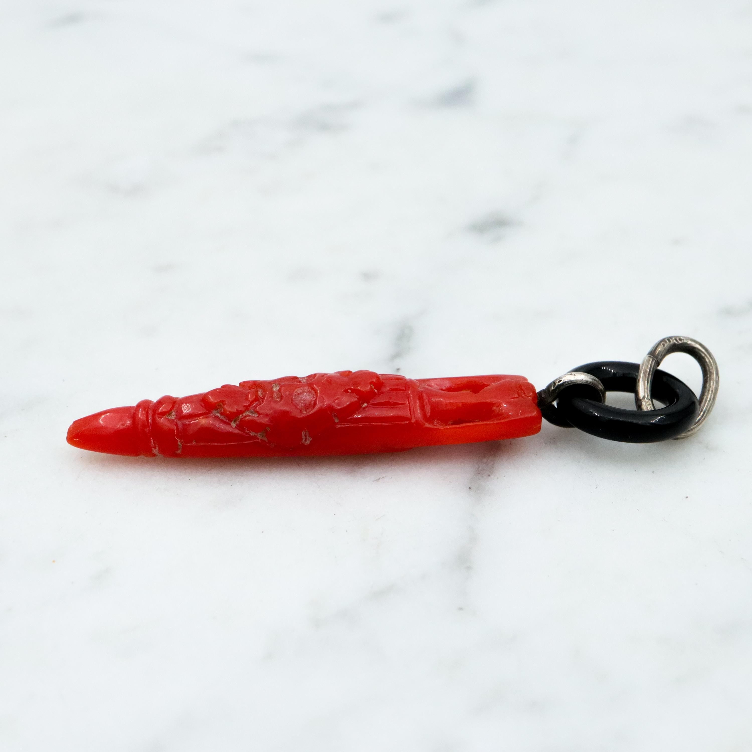 Antique Victorian carved coral amphora urn & onyx loop pendant