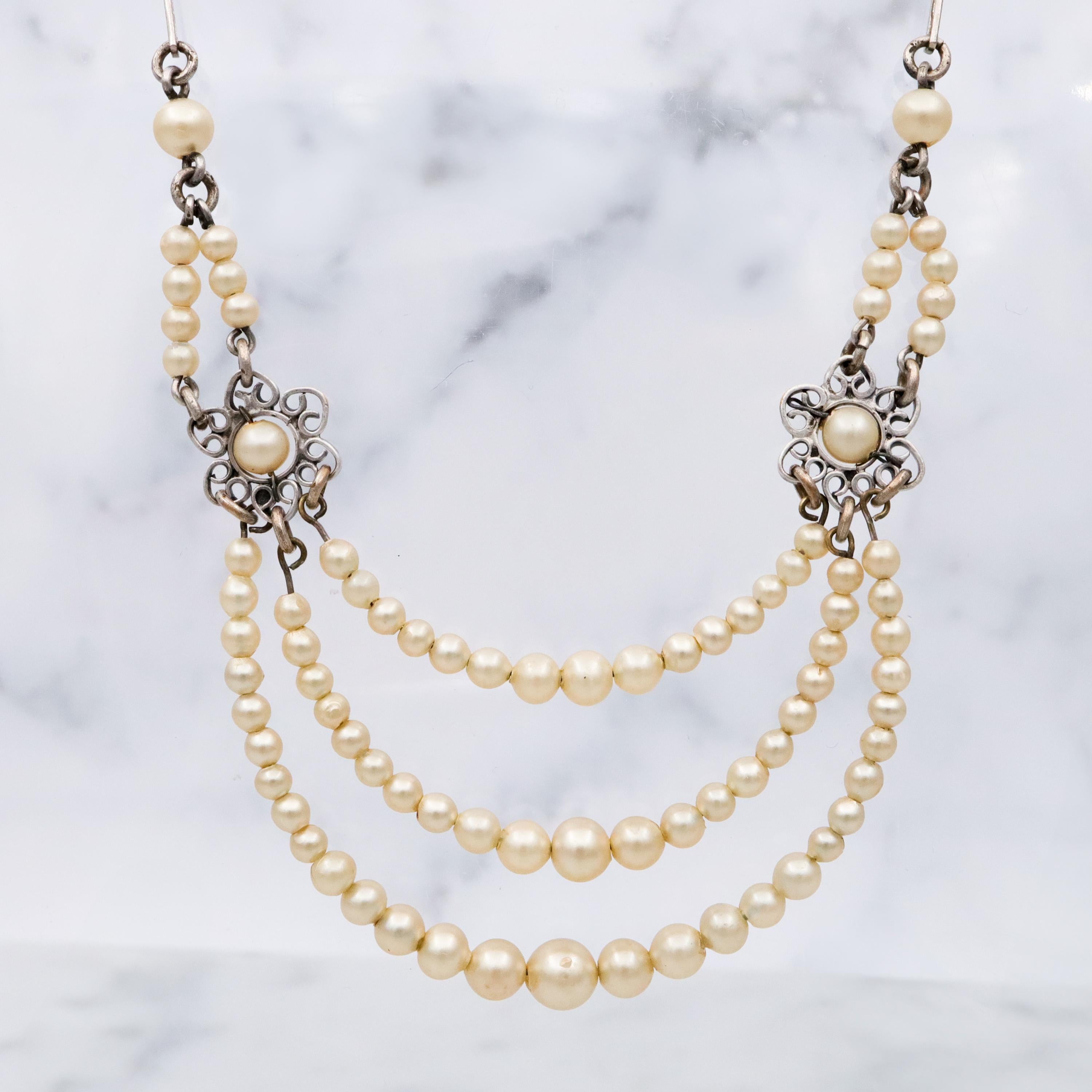 Antique Art Deco faux pearl chandelier silver tone necklace
