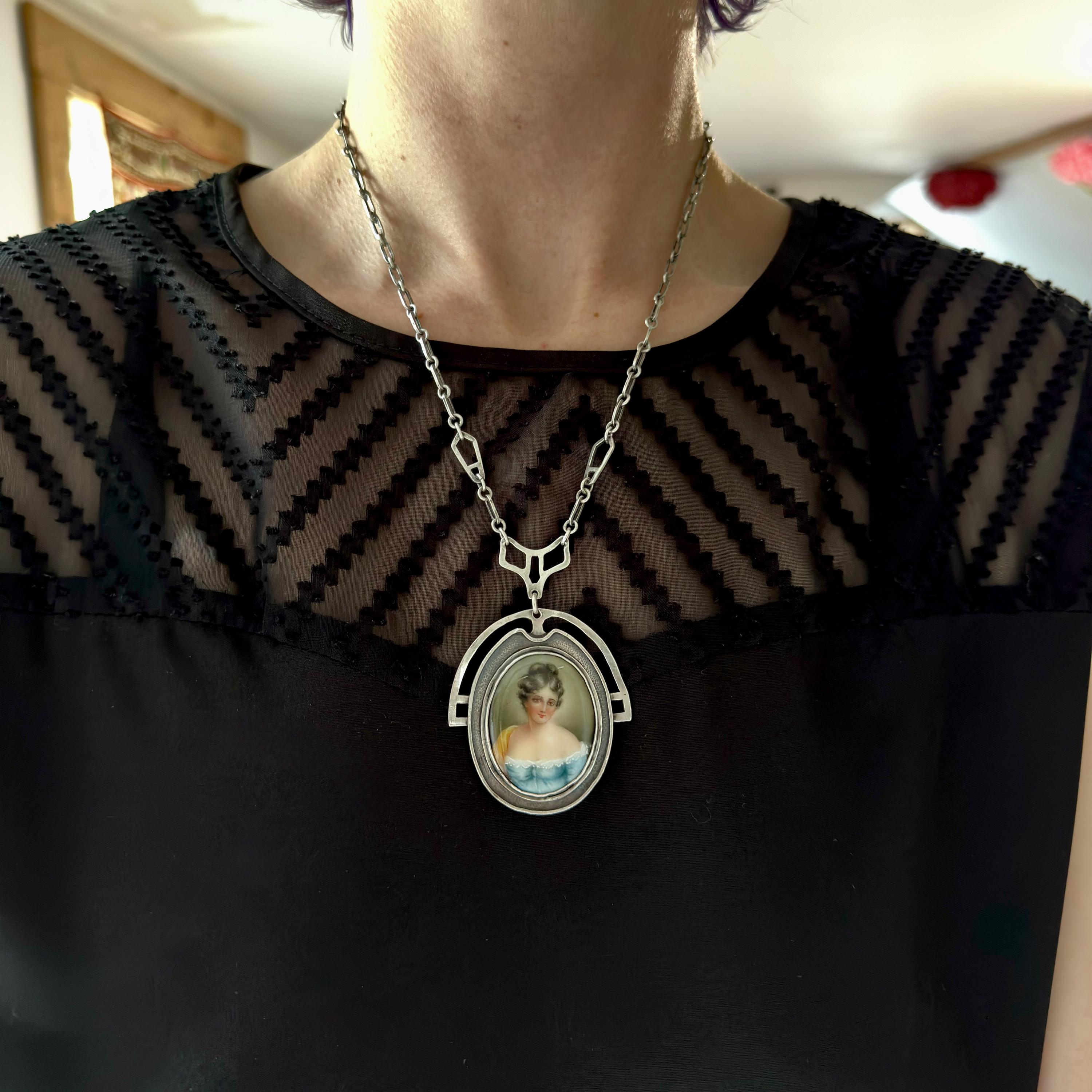 Antique Arts & Crafts hand painted portrait pendant sterling necklace