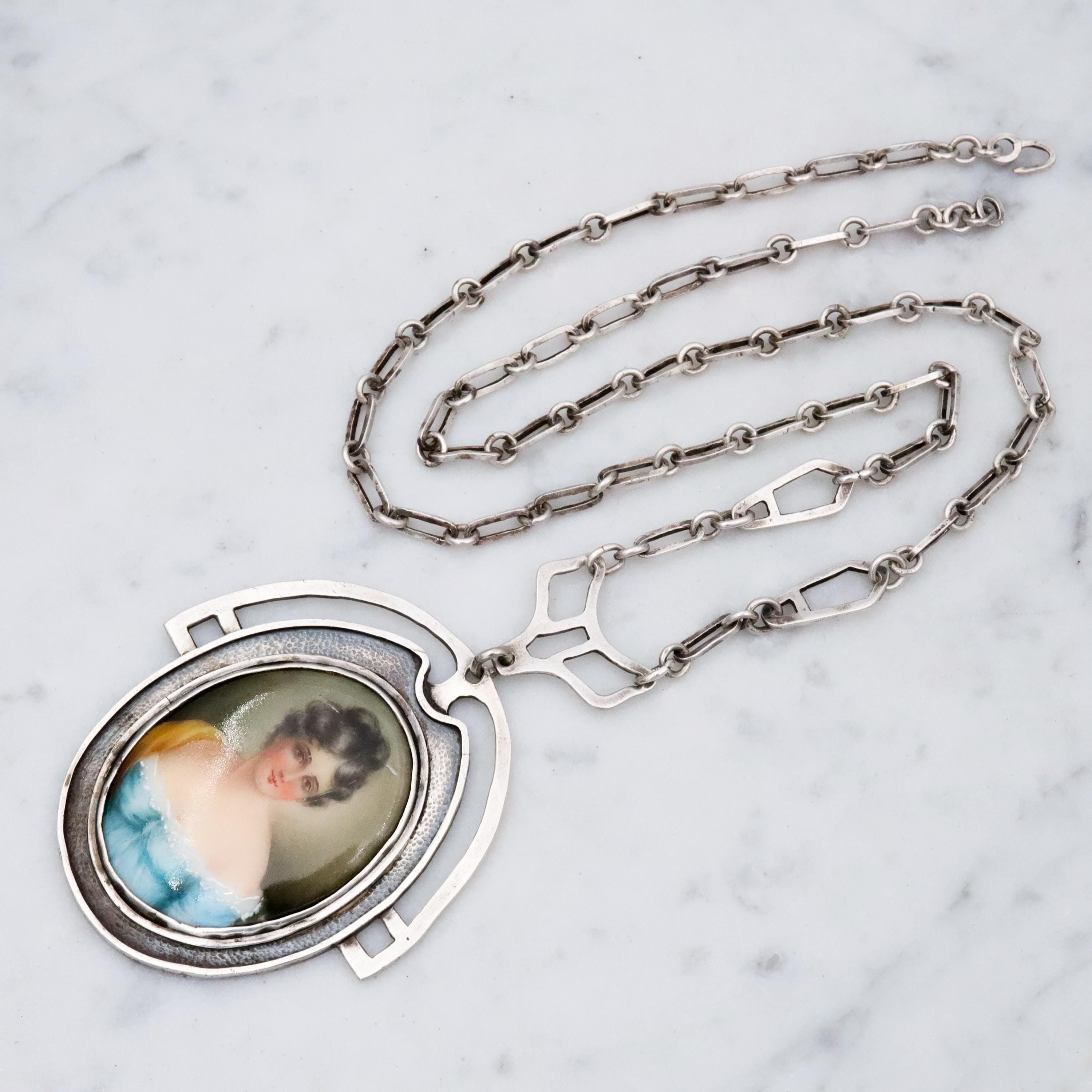 Antique Arts & Crafts hand painted portrait pendant sterling necklace