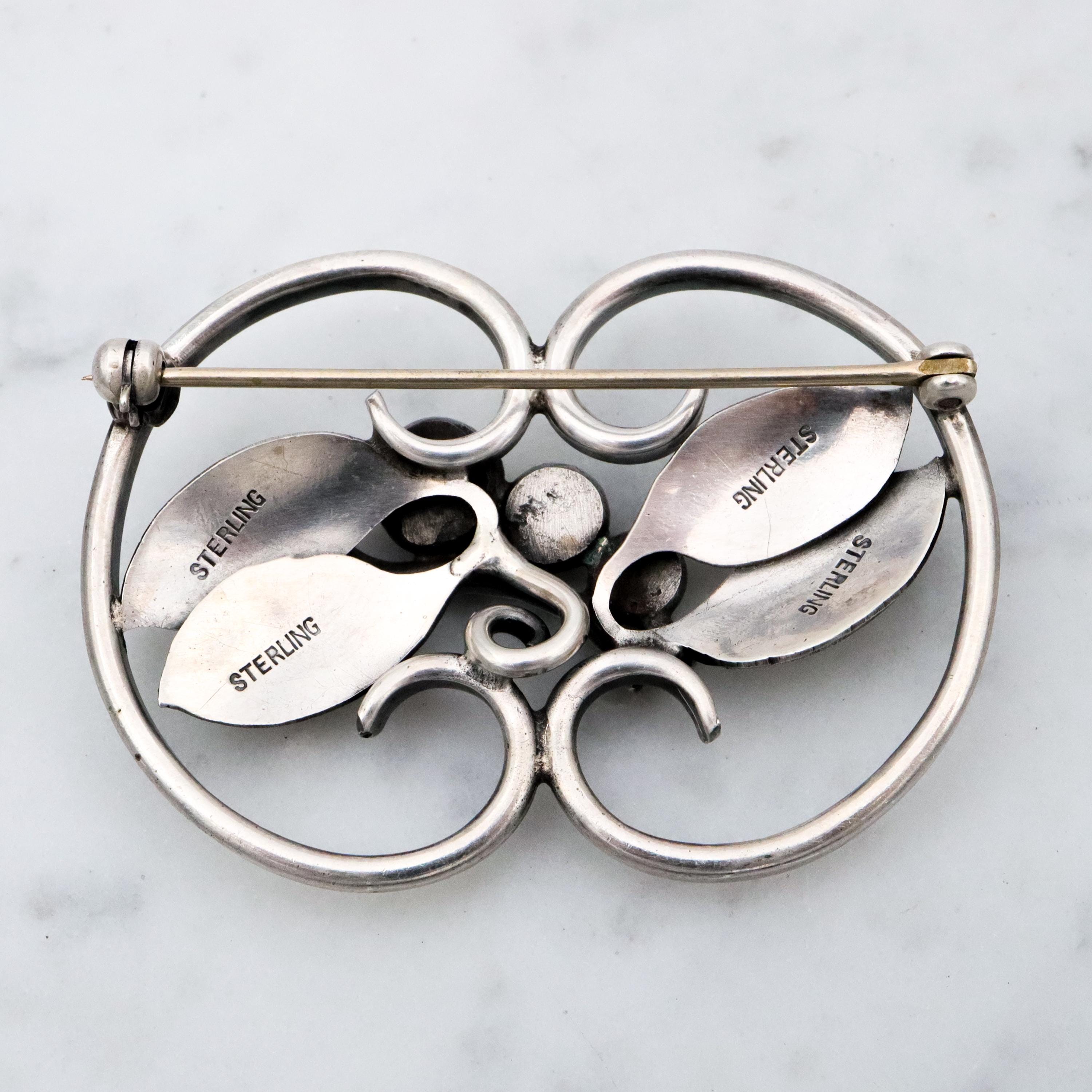 Handmade Mid Century sterling leaves & berries brooch