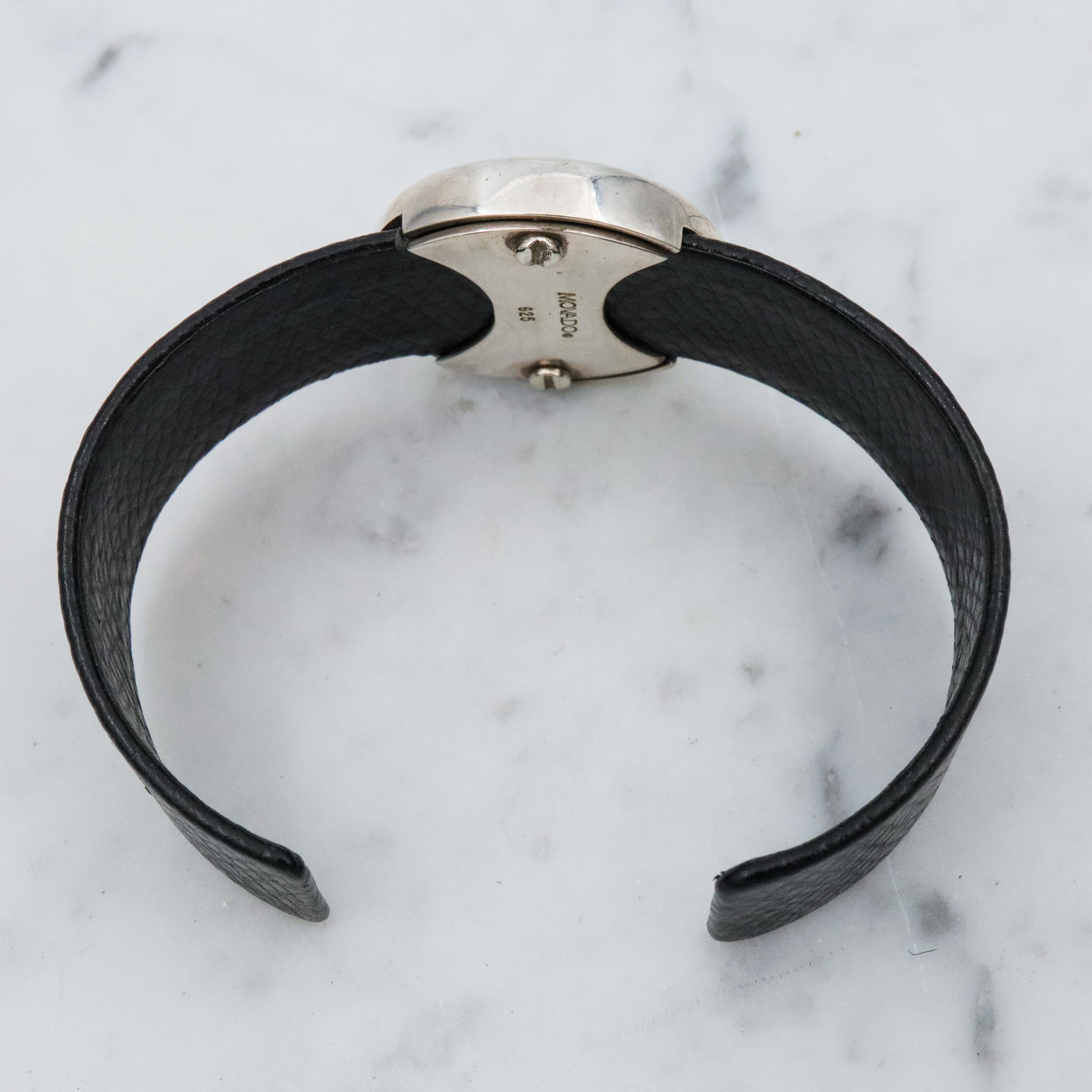 Retro Movado black leather & sterling button cuff bracelet