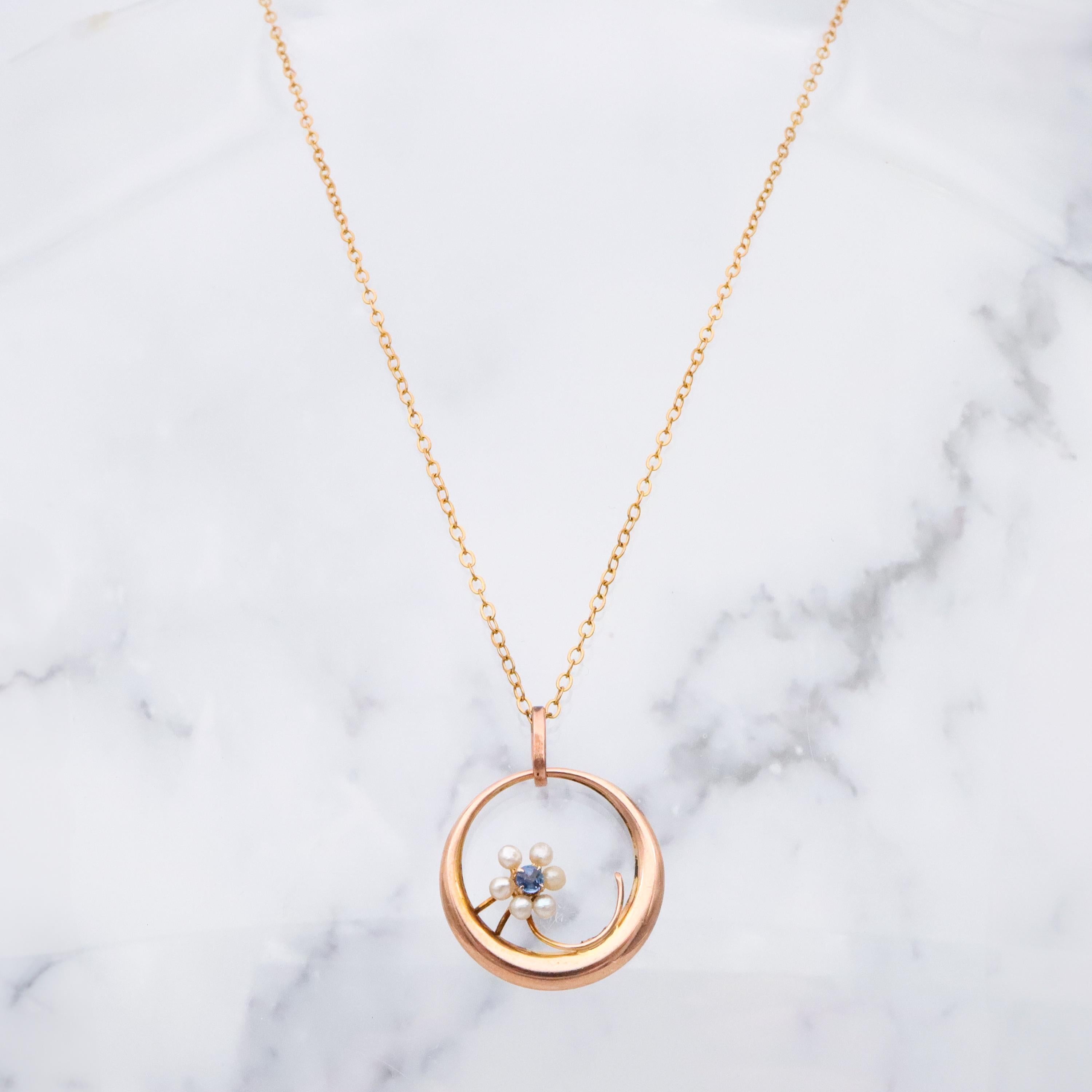 Antique Victorian 10k gold pearl & sapphire flower moon pendant