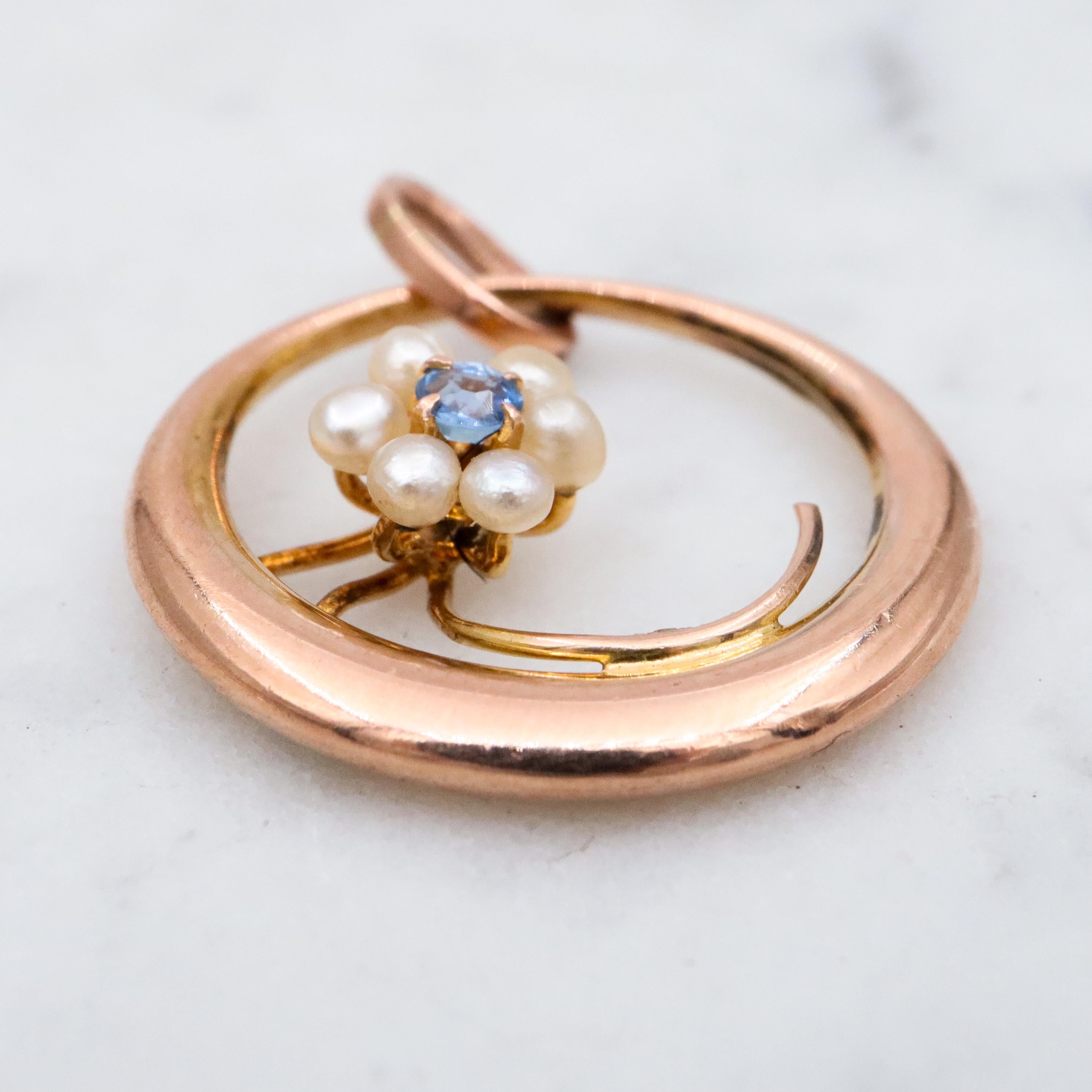 Antique Victorian 10k gold pearl & sapphire flower moon pendant