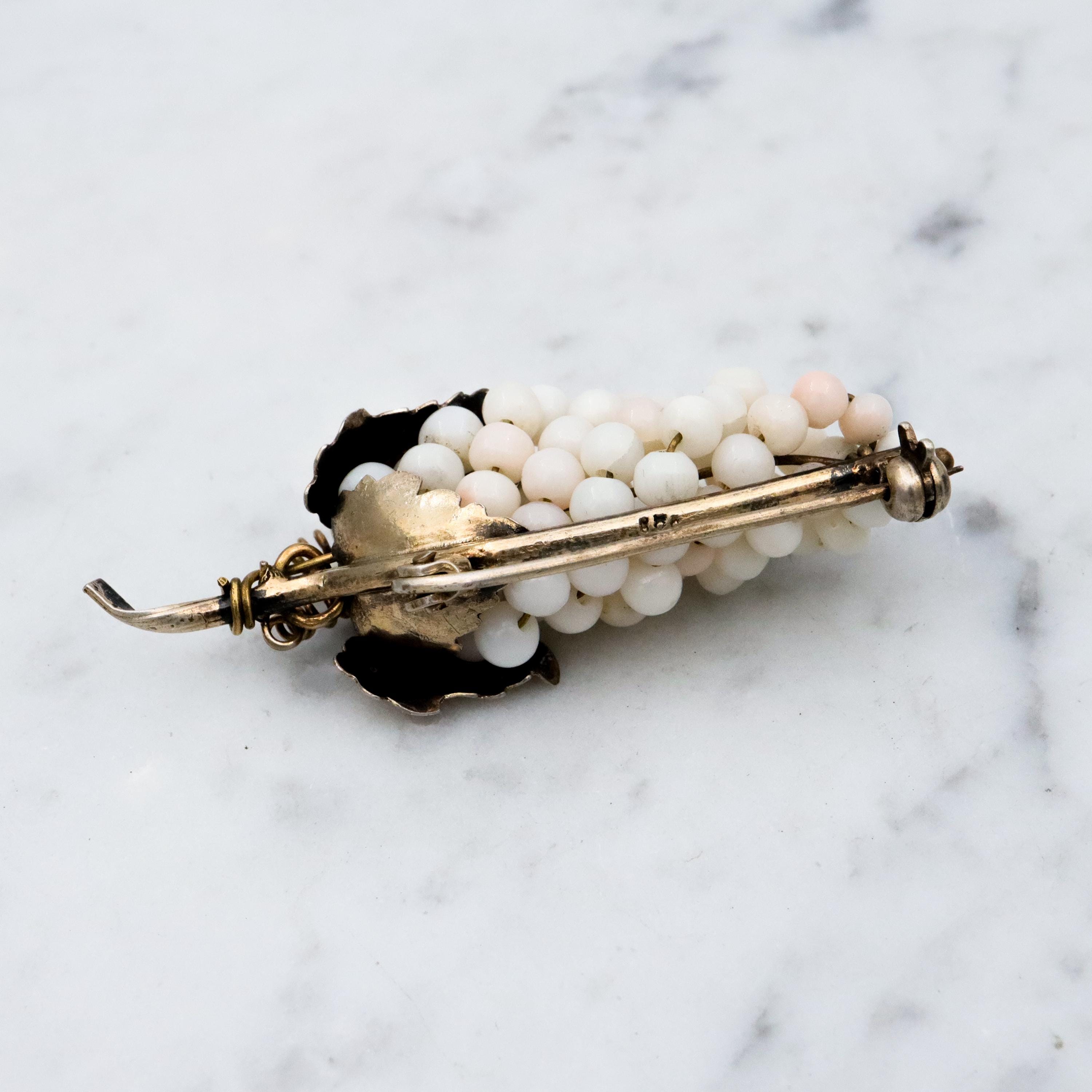 Antique .800 silver white angel skin coral bead grape bunch brooch
