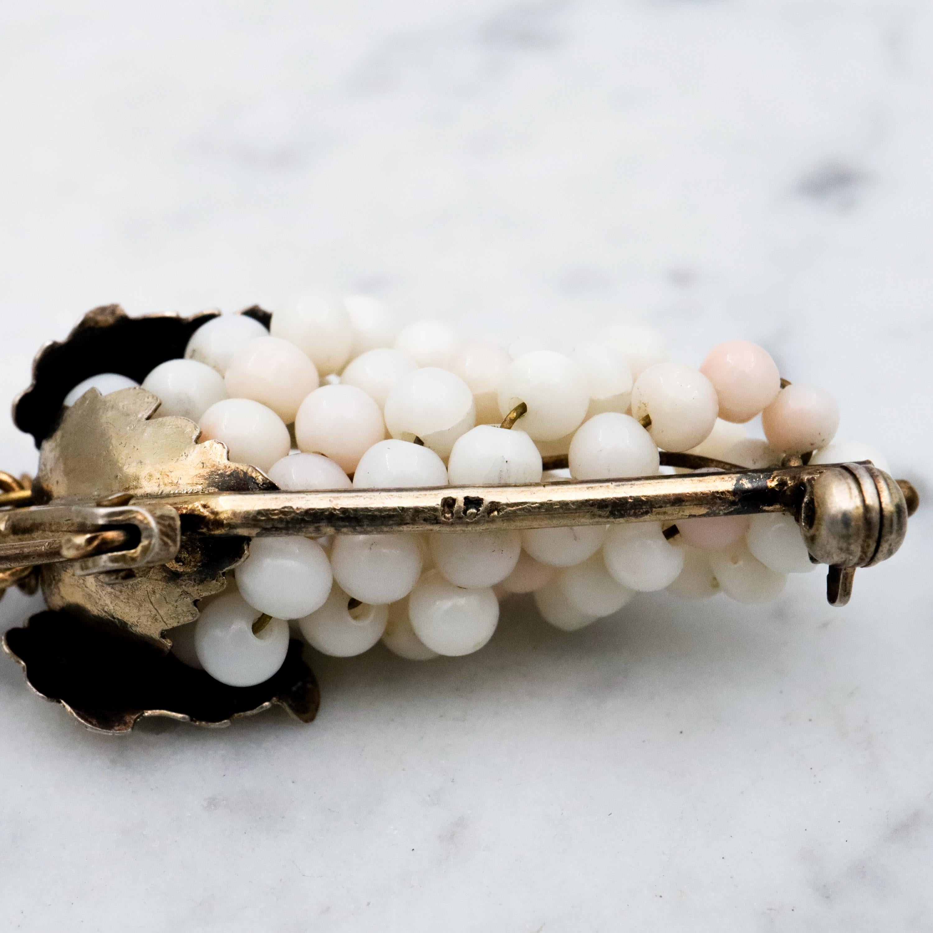Antique .800 silver white angel skin coral bead grape bunch brooch
