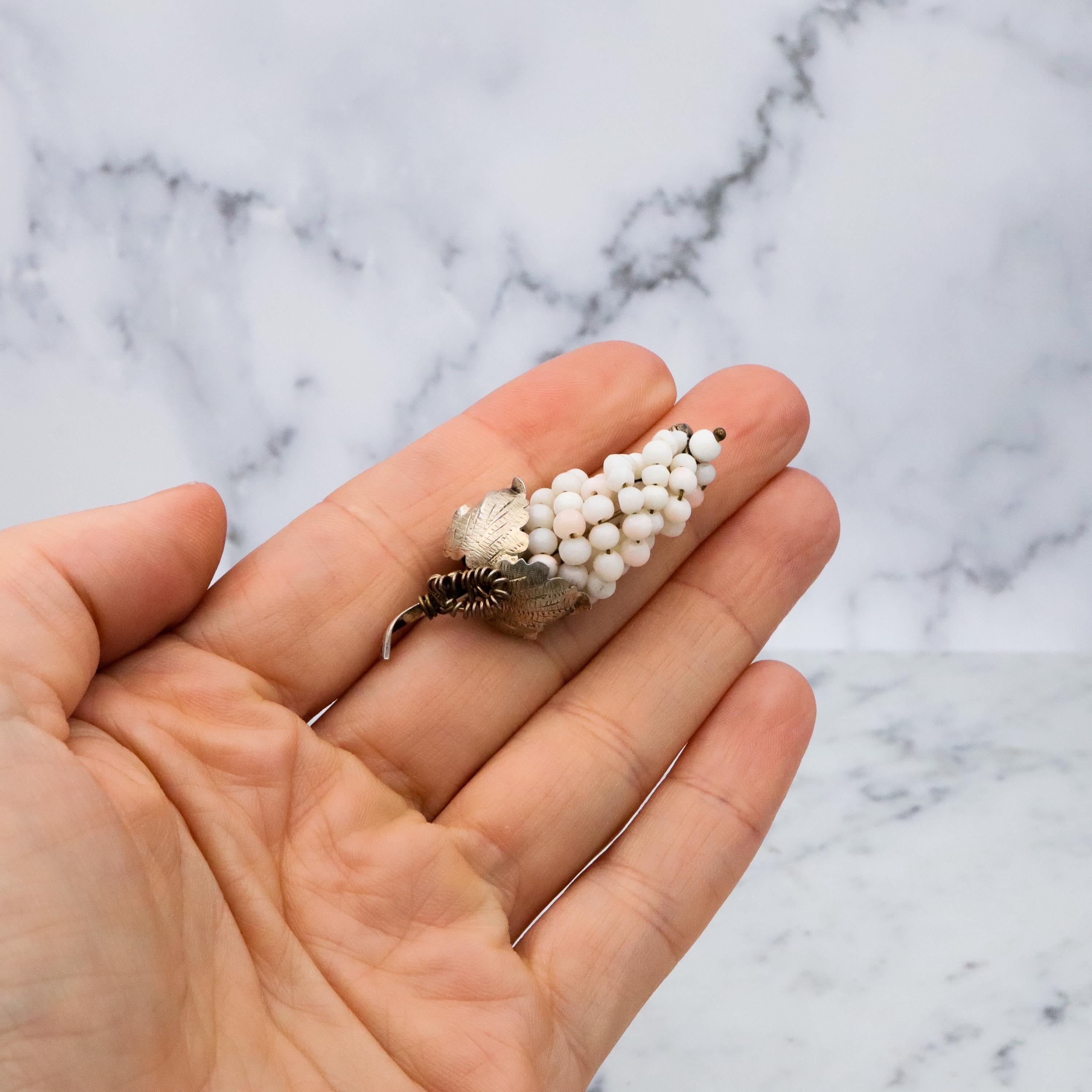 Antique .800 silver white angel skin coral bead grape bunch brooch
