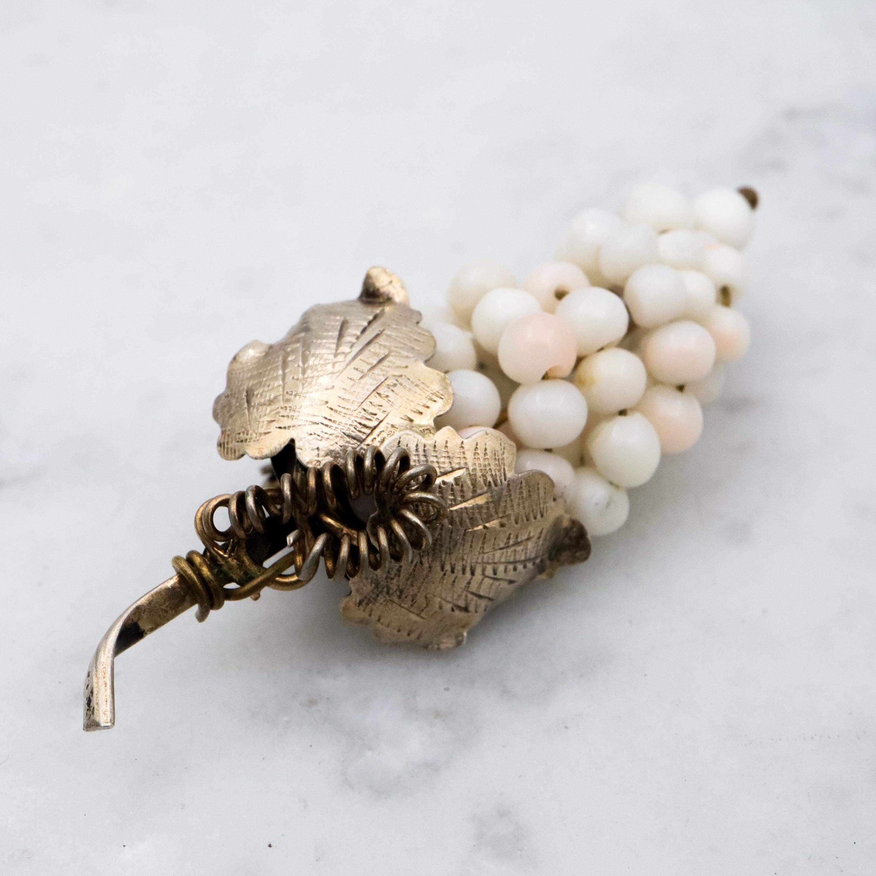 Antique .800 silver white angel skin coral bead grape bunch brooch