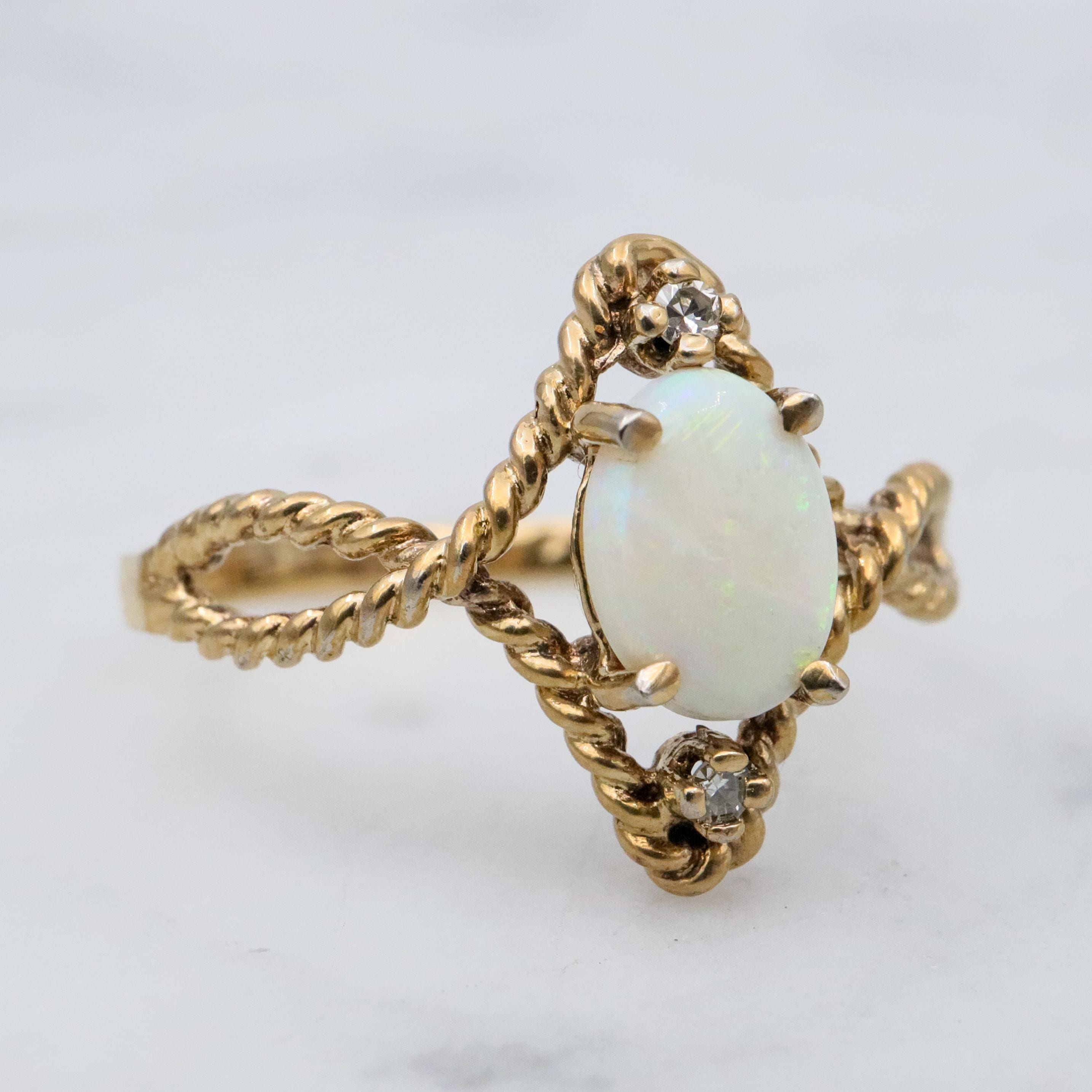 Retro gold plated sterling opal & diamond twisted ring, sz 8