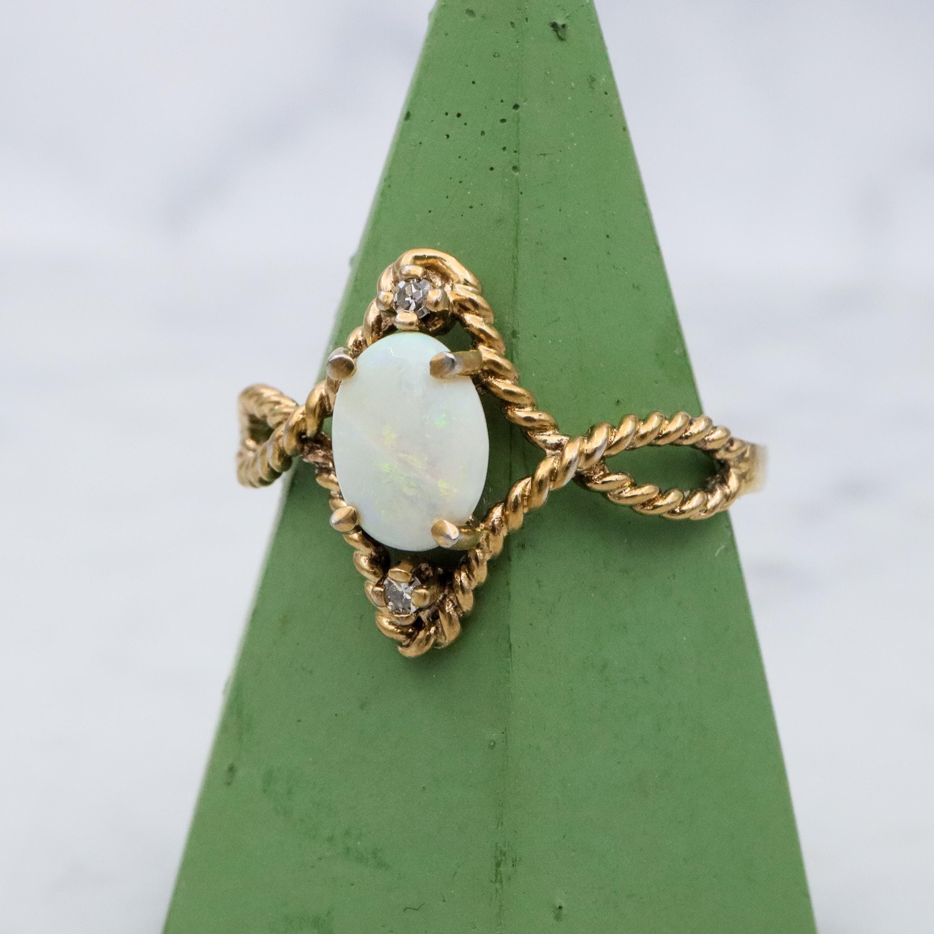 Retro gold plated sterling opal & diamond twisted ring, sz 8