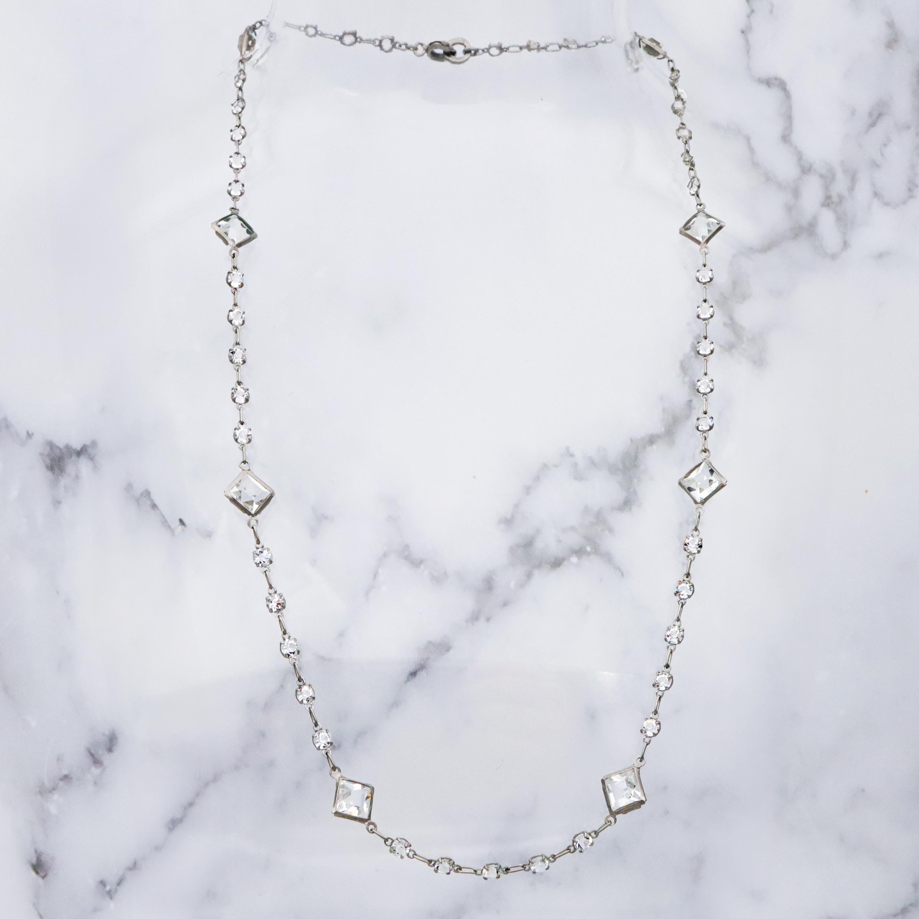 Antique Art Deco Platinon block crystal fancy prong set necklace