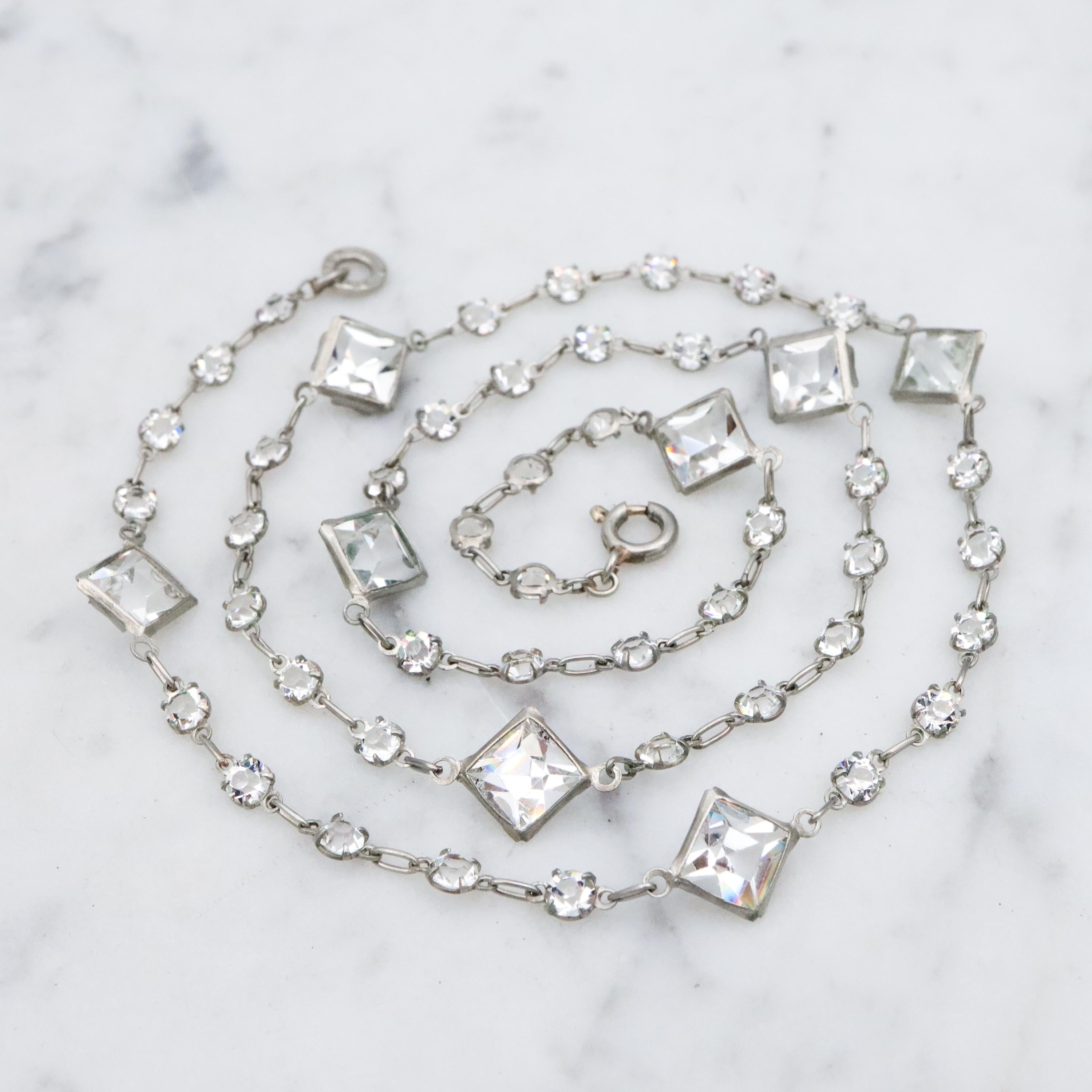 Antique Art Deco Platinon block crystal fancy prong set necklace