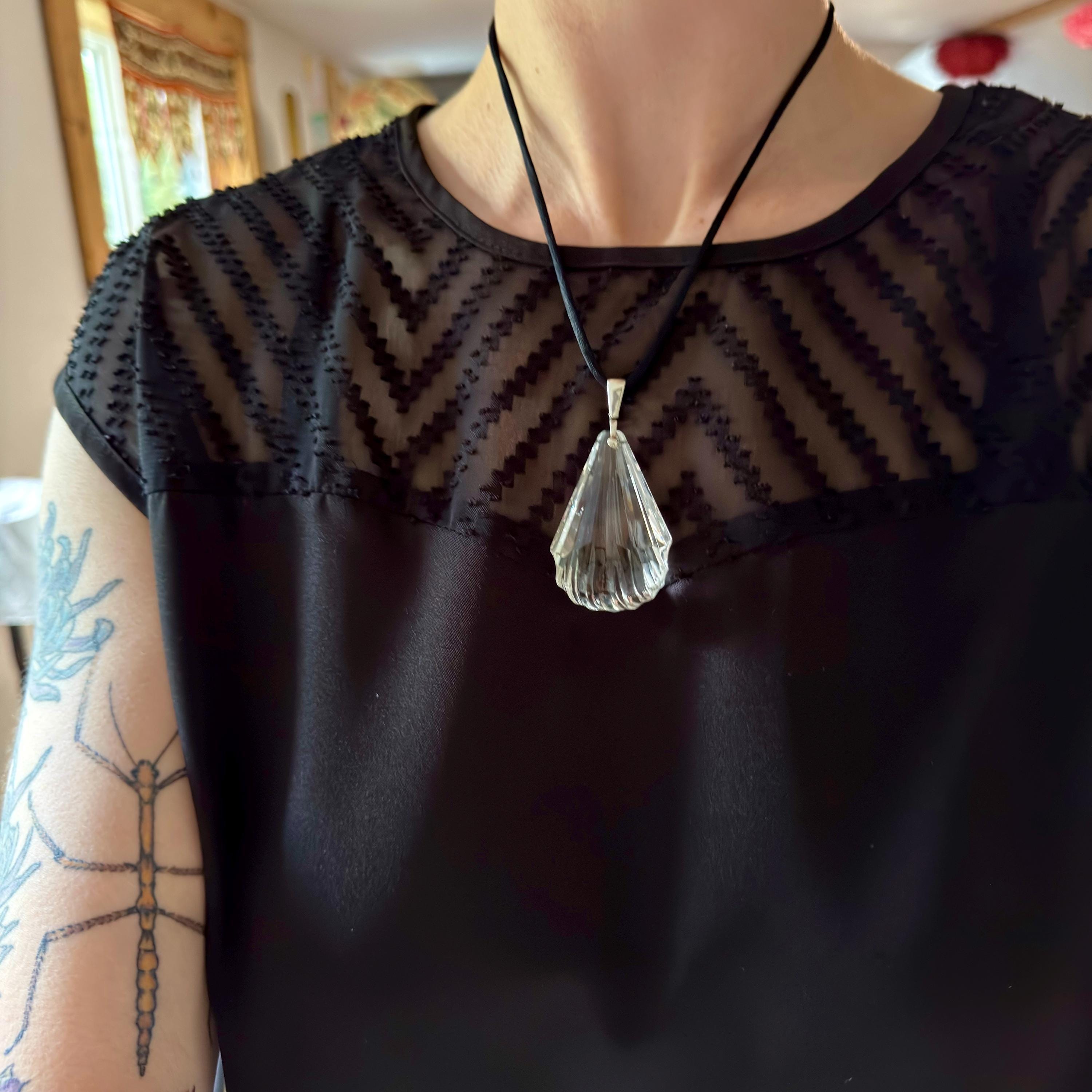 Huge antique Art Deco cut rock crystal sterling drop pendant