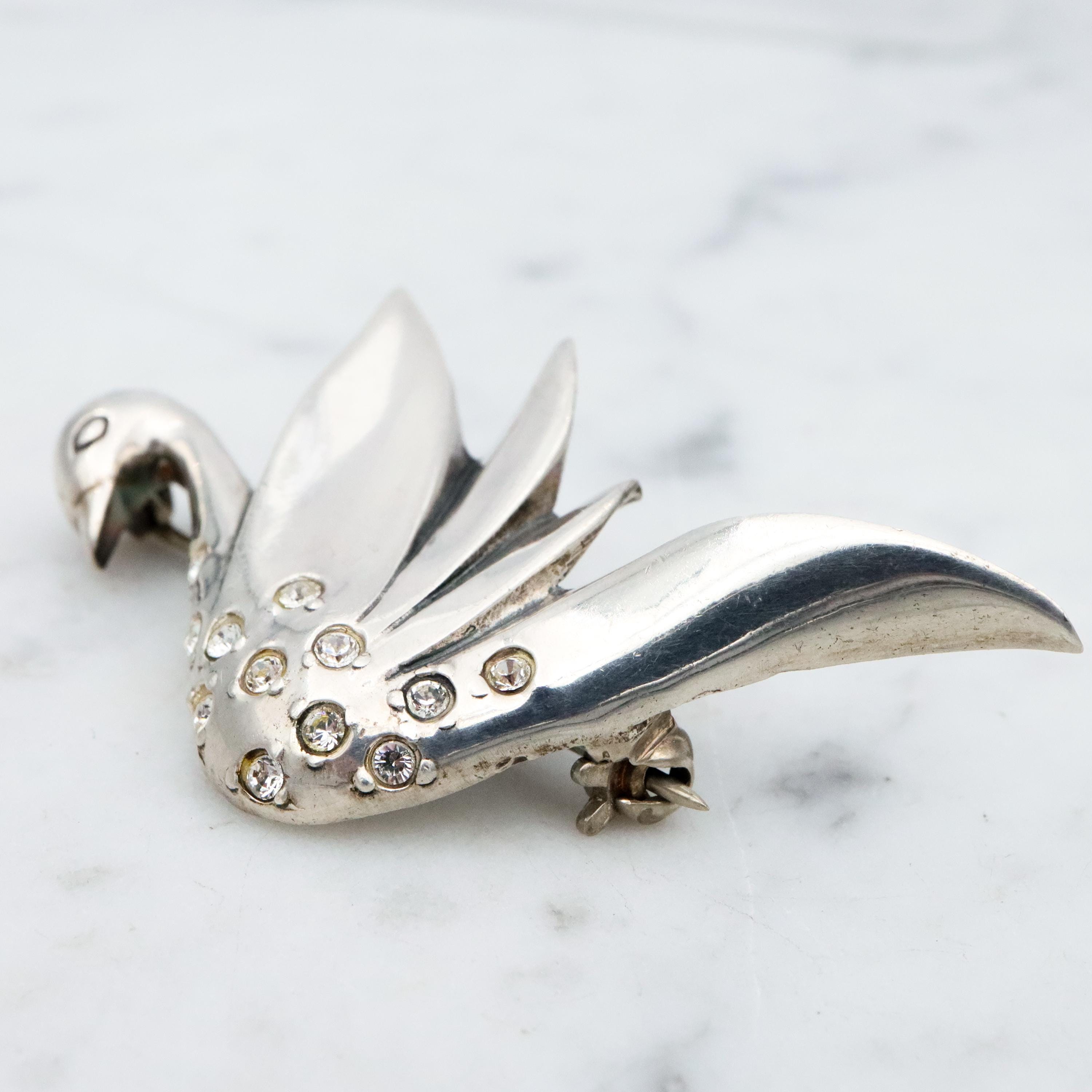 Vintage sterling Jezlaine rhinestone swan brooch