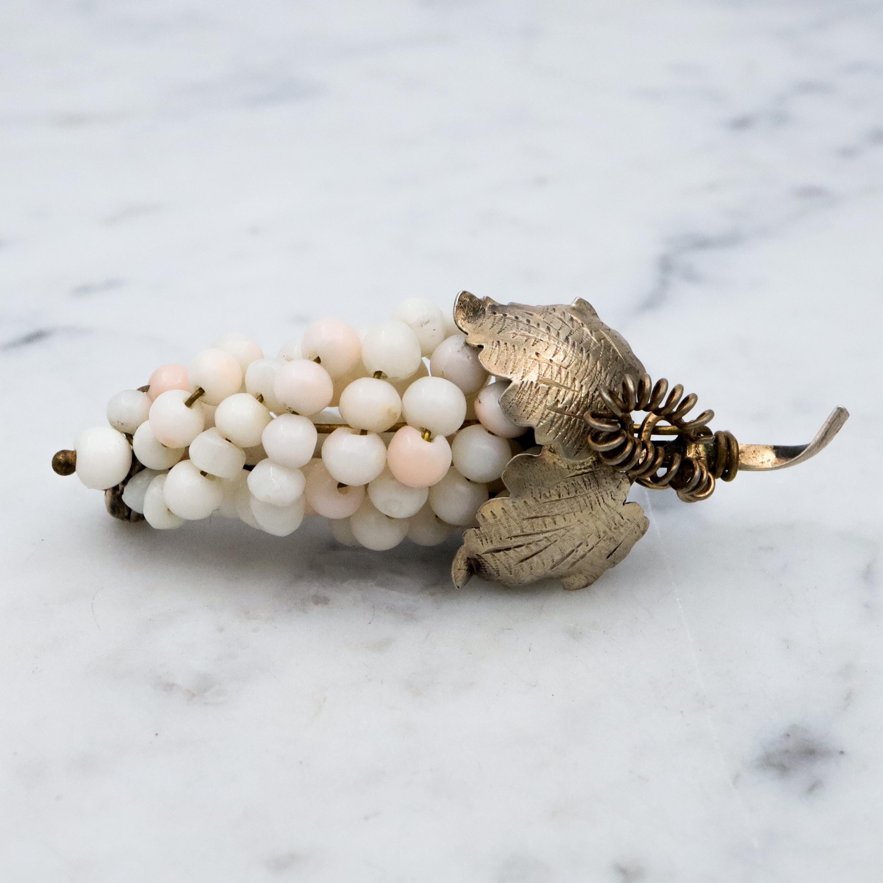 Antique .800 silver white angel skin coral bead grape bunch brooch