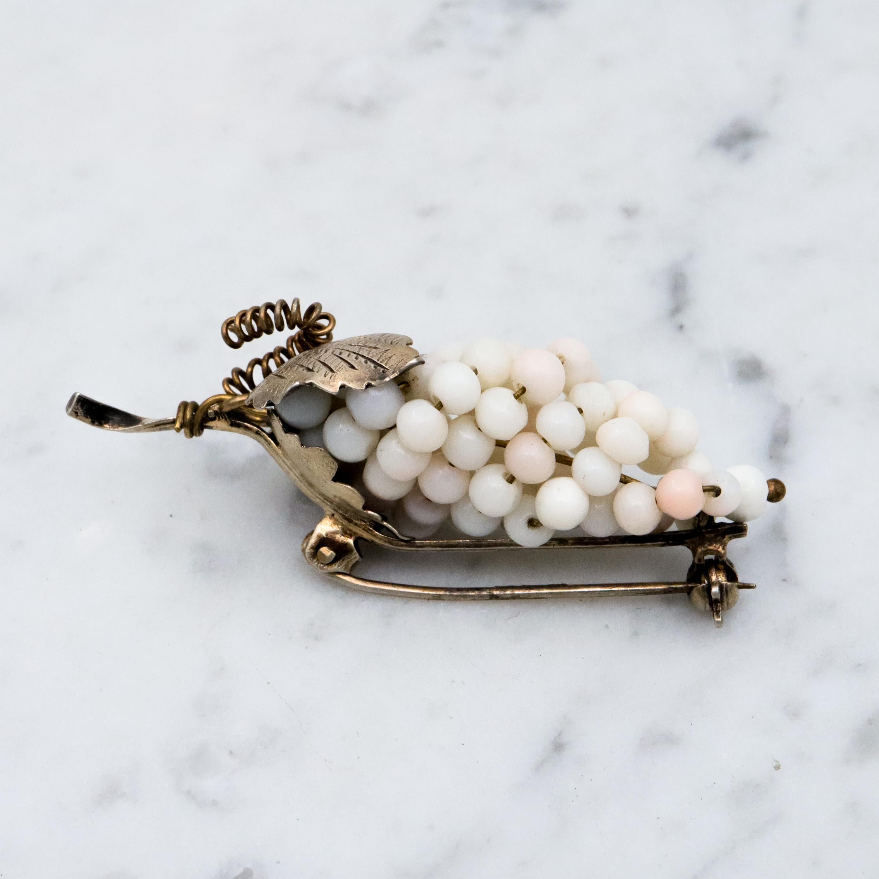 Antique .800 silver white angel skin coral bead grape bunch brooch