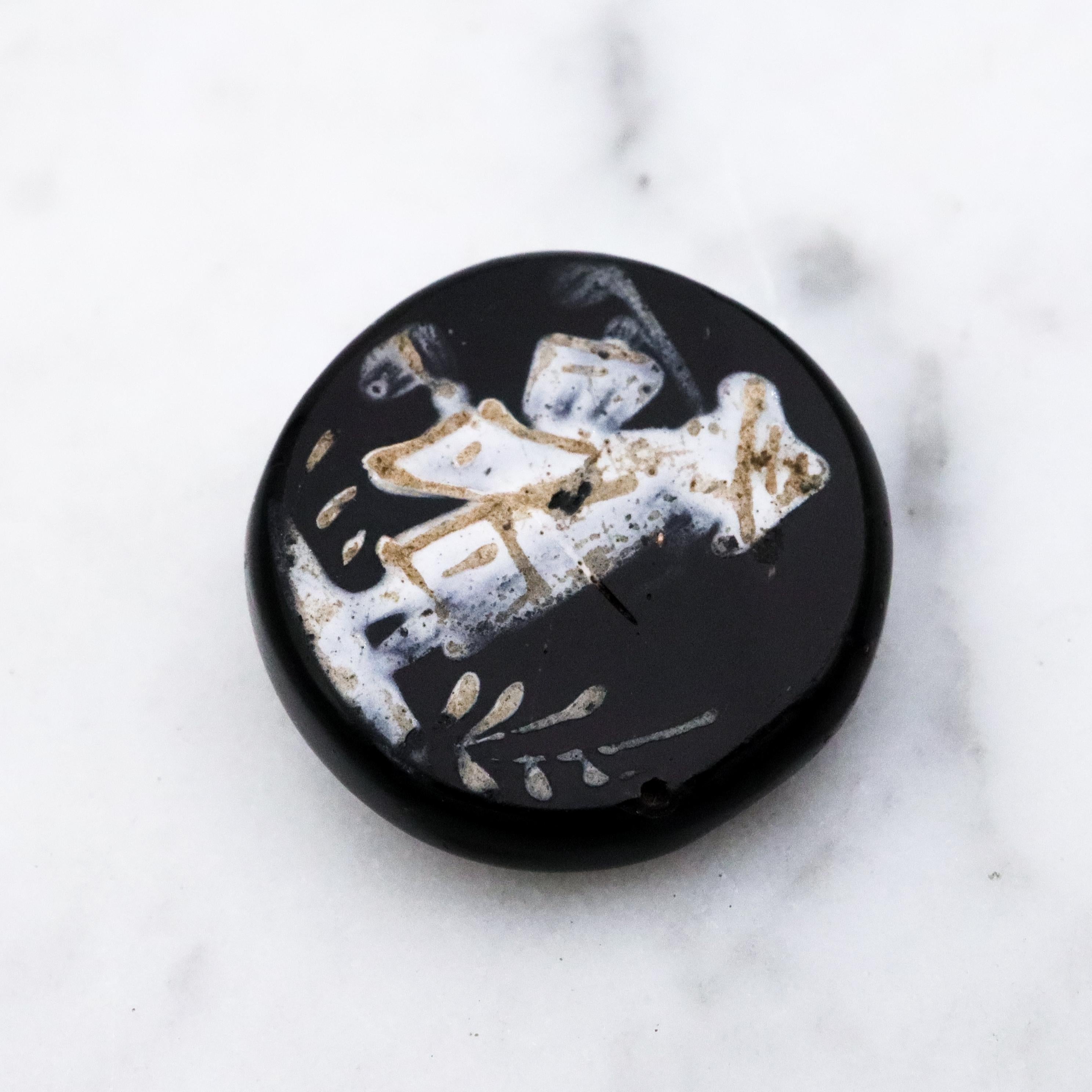 Antique Victorian black glass Orientalist painted picture button