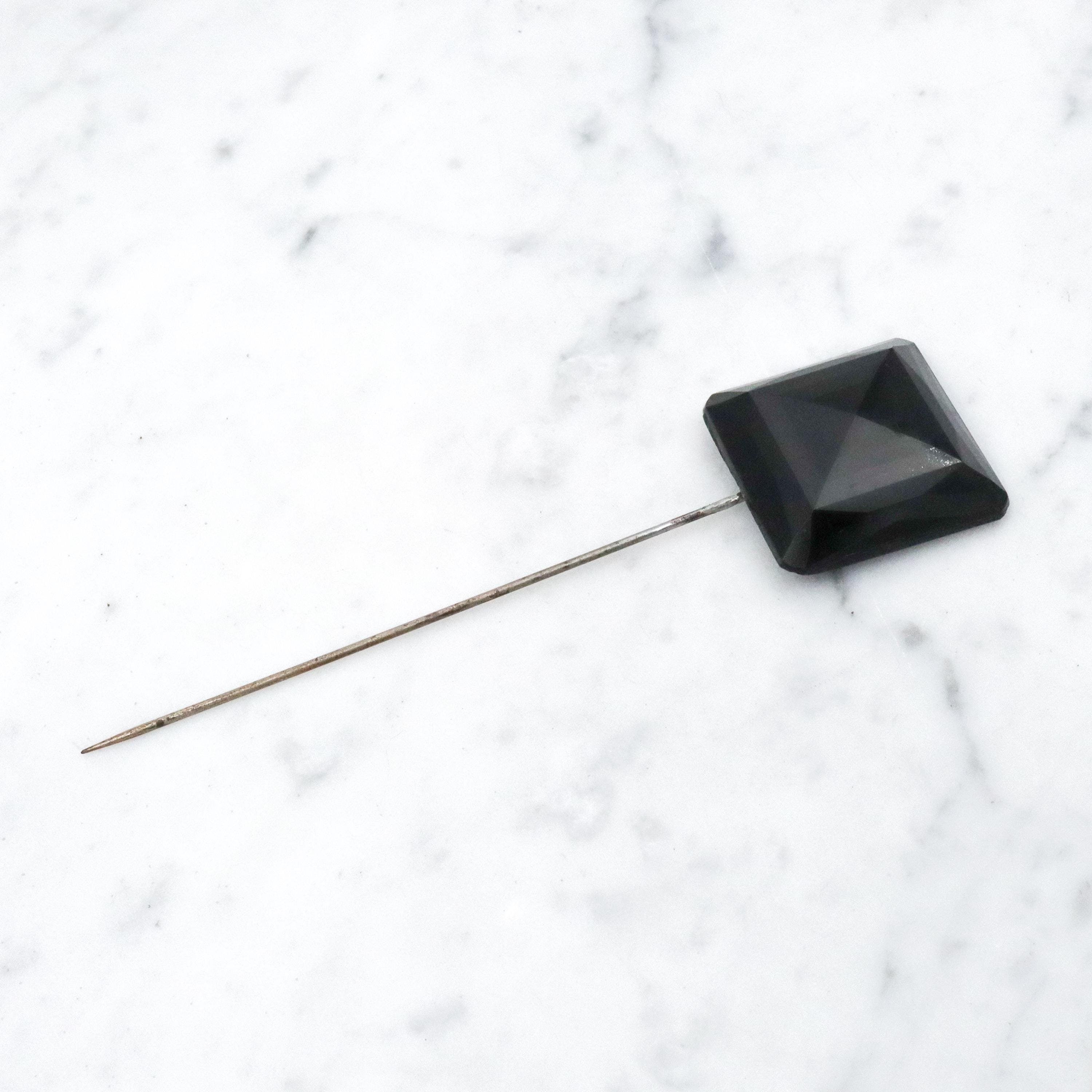 Antique Victorian French jet glass faceted square block stick pin