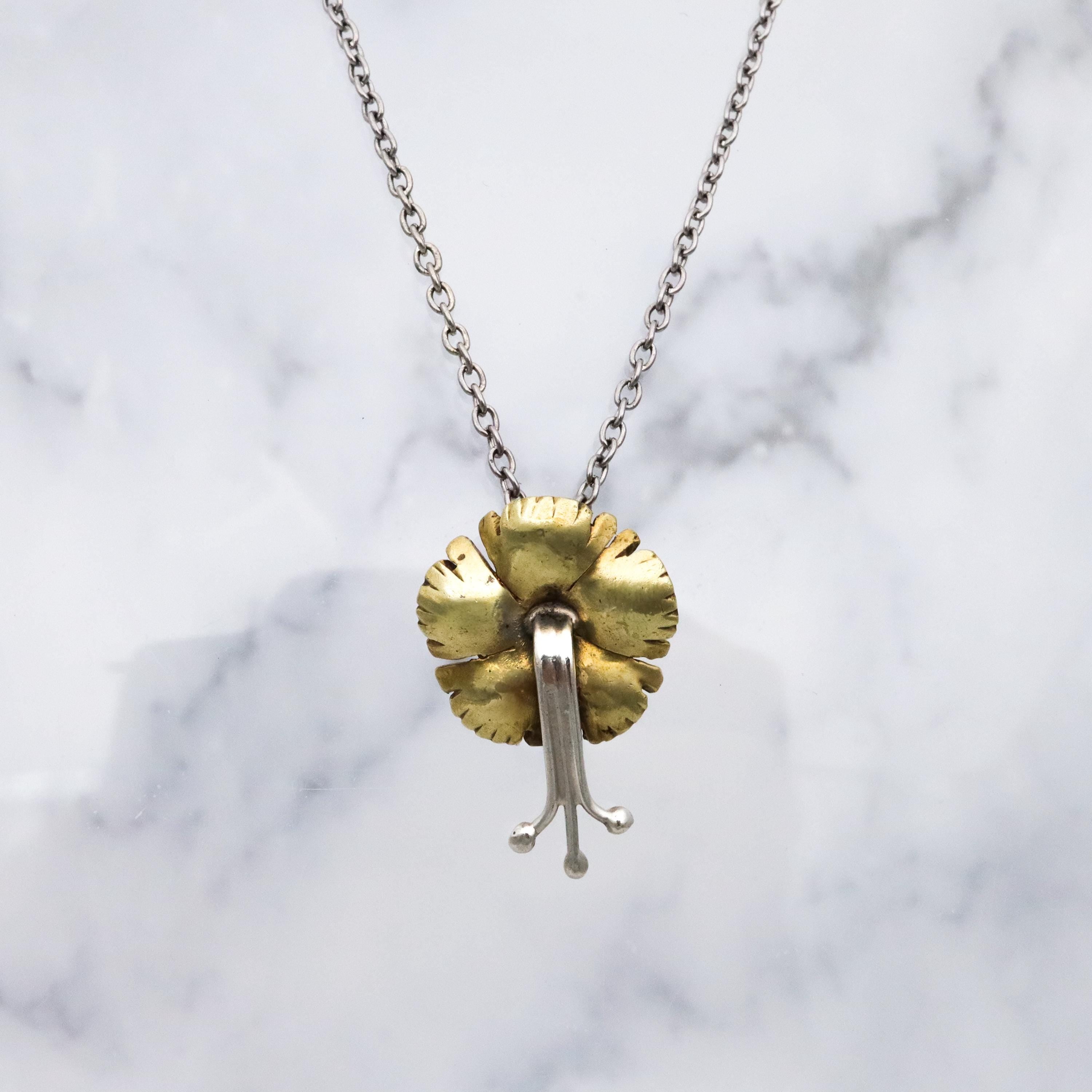 Antique Art Nouveau brass & silver pansy pendant