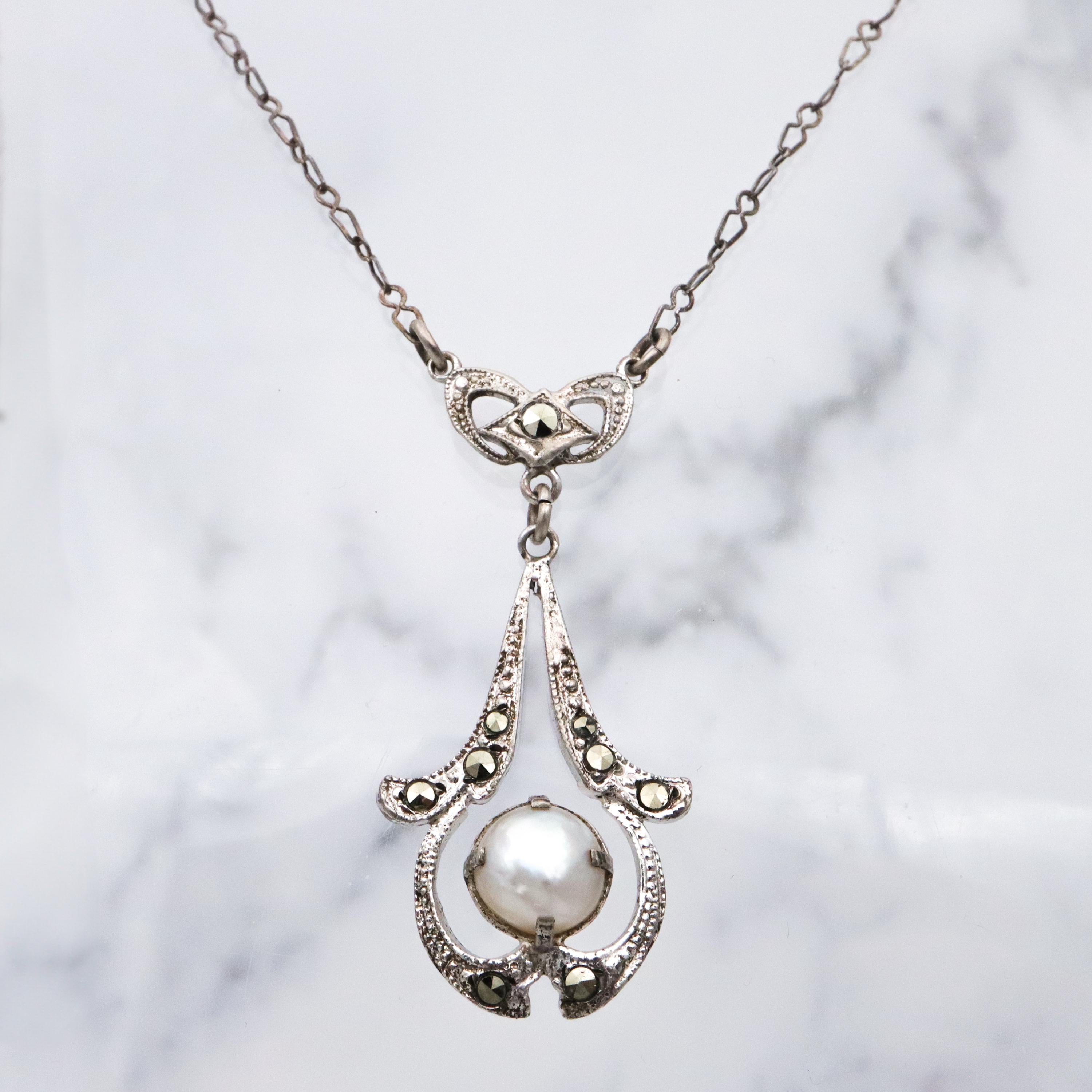 Antique Art Deco sterling mabe pearl & marcasite drop pendant necklace