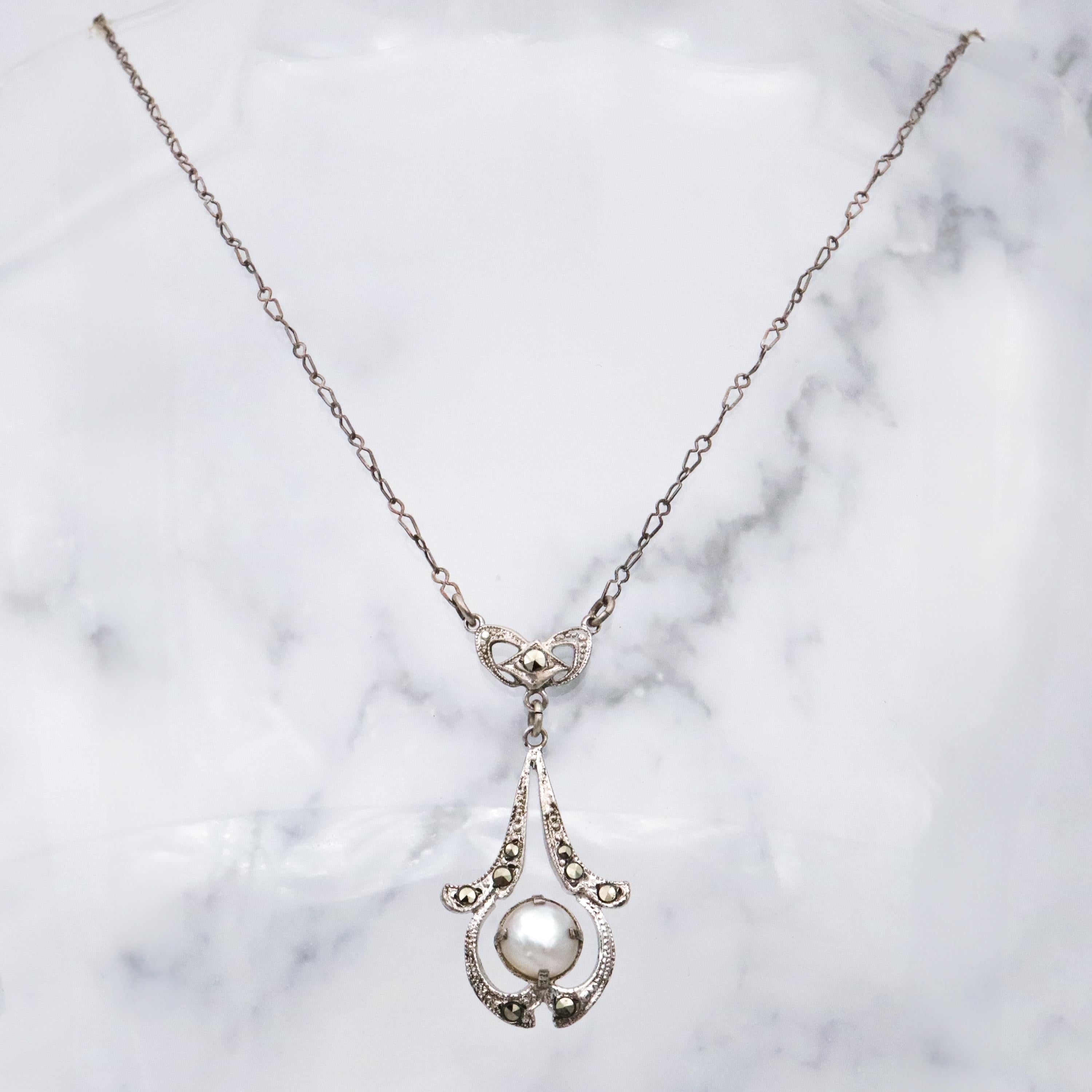 Antique Art Deco sterling mabe pearl & marcasite drop pendant necklace
