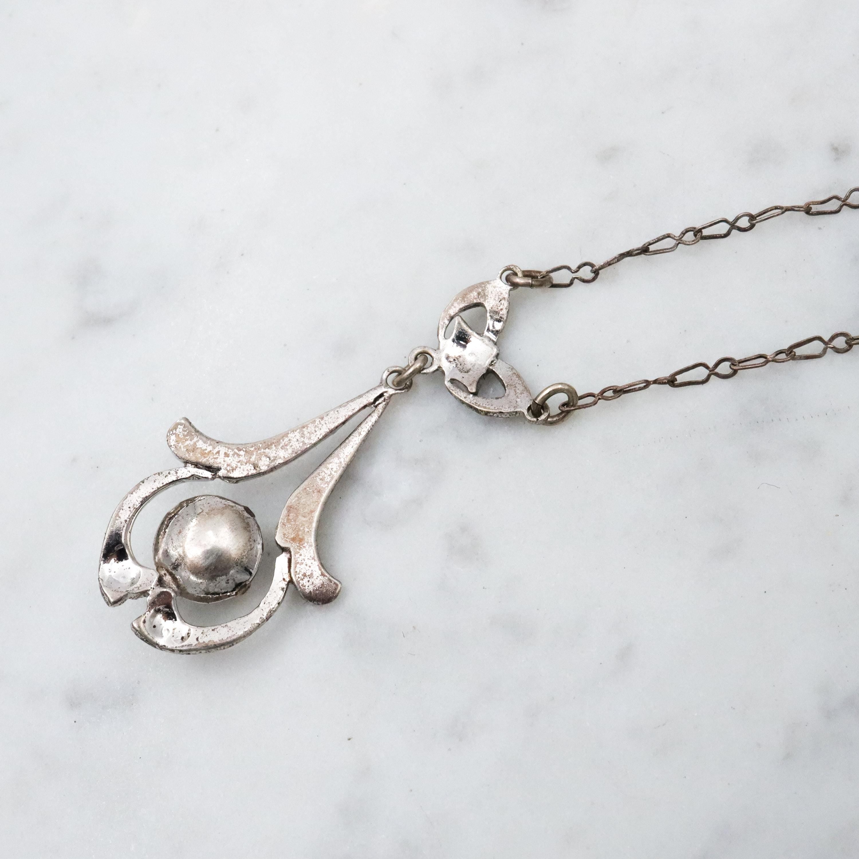 Antique Art Deco sterling mabe pearl & marcasite drop pendant necklace