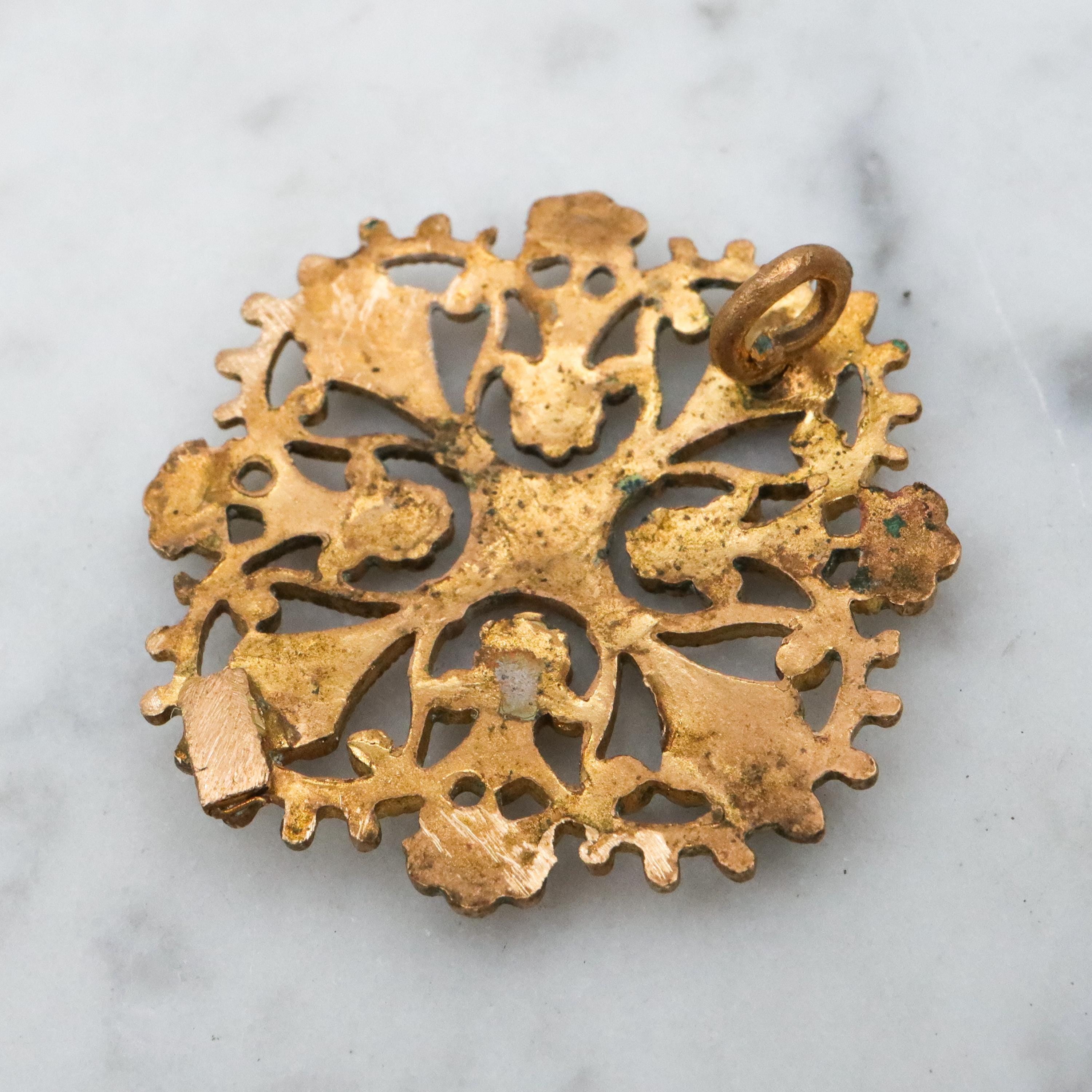Antique French filigree enamel brass pendant conversion