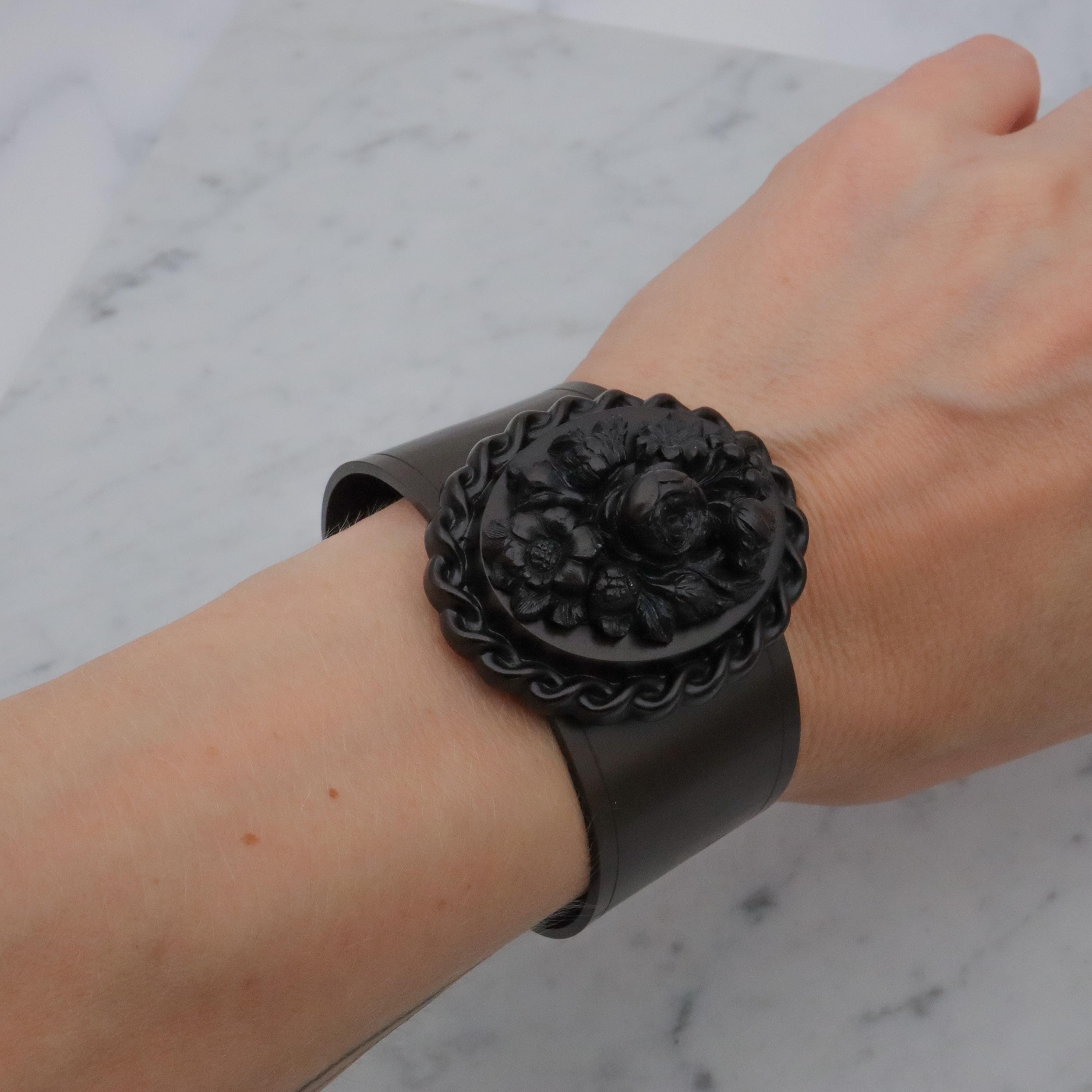 Antique Victorian gutta percha floral carved cuff bracelet