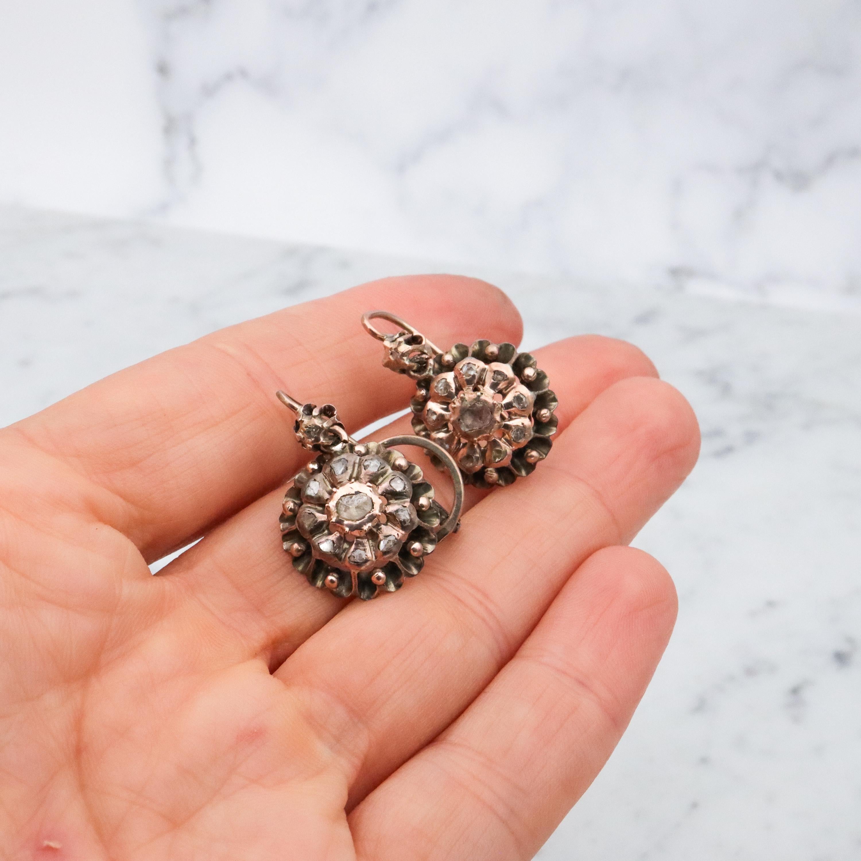 Antique Georgian 9k gold & silver rose cut diamond drop earrings