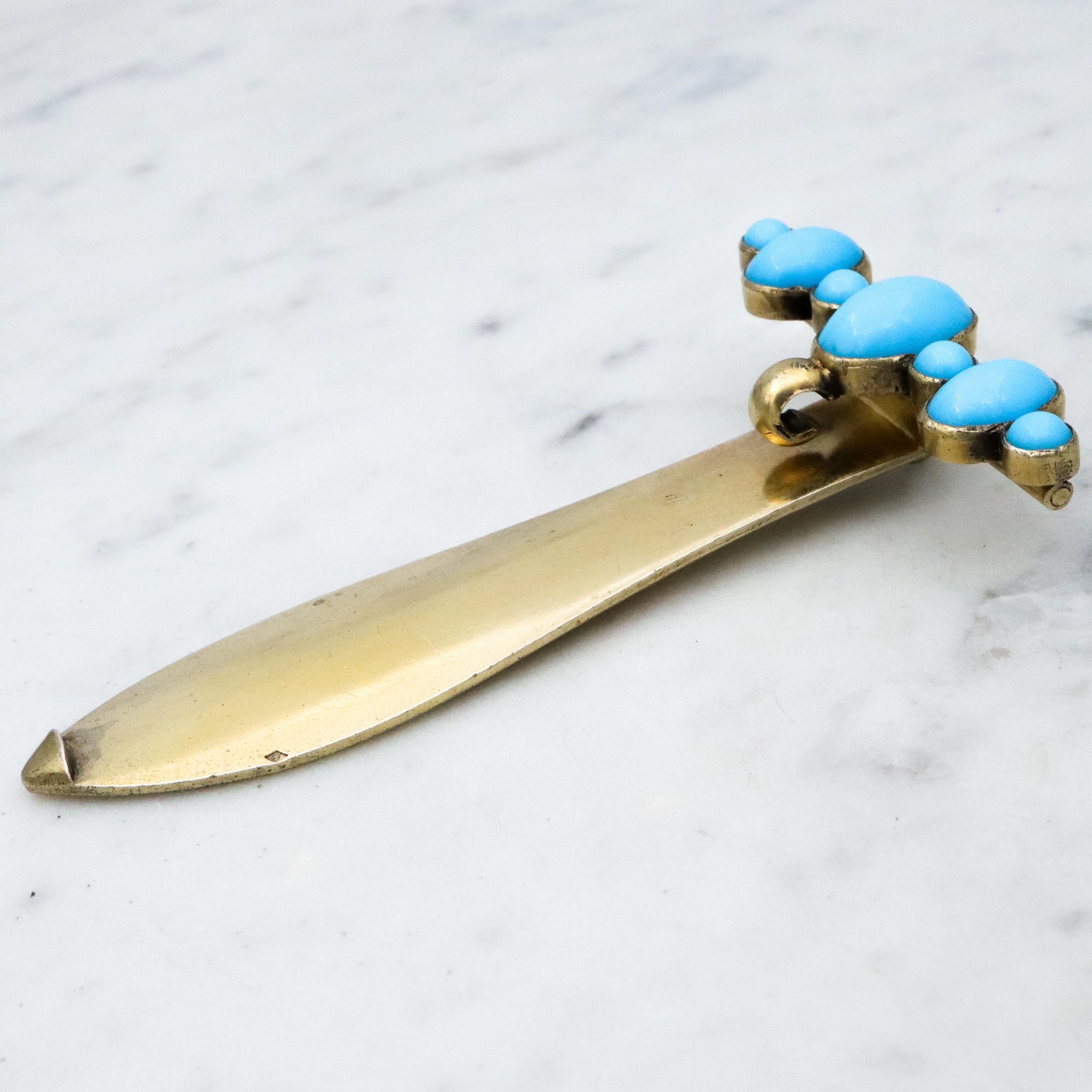 Antique French Victorian gilt silver turquoise hinged chatelaine clip