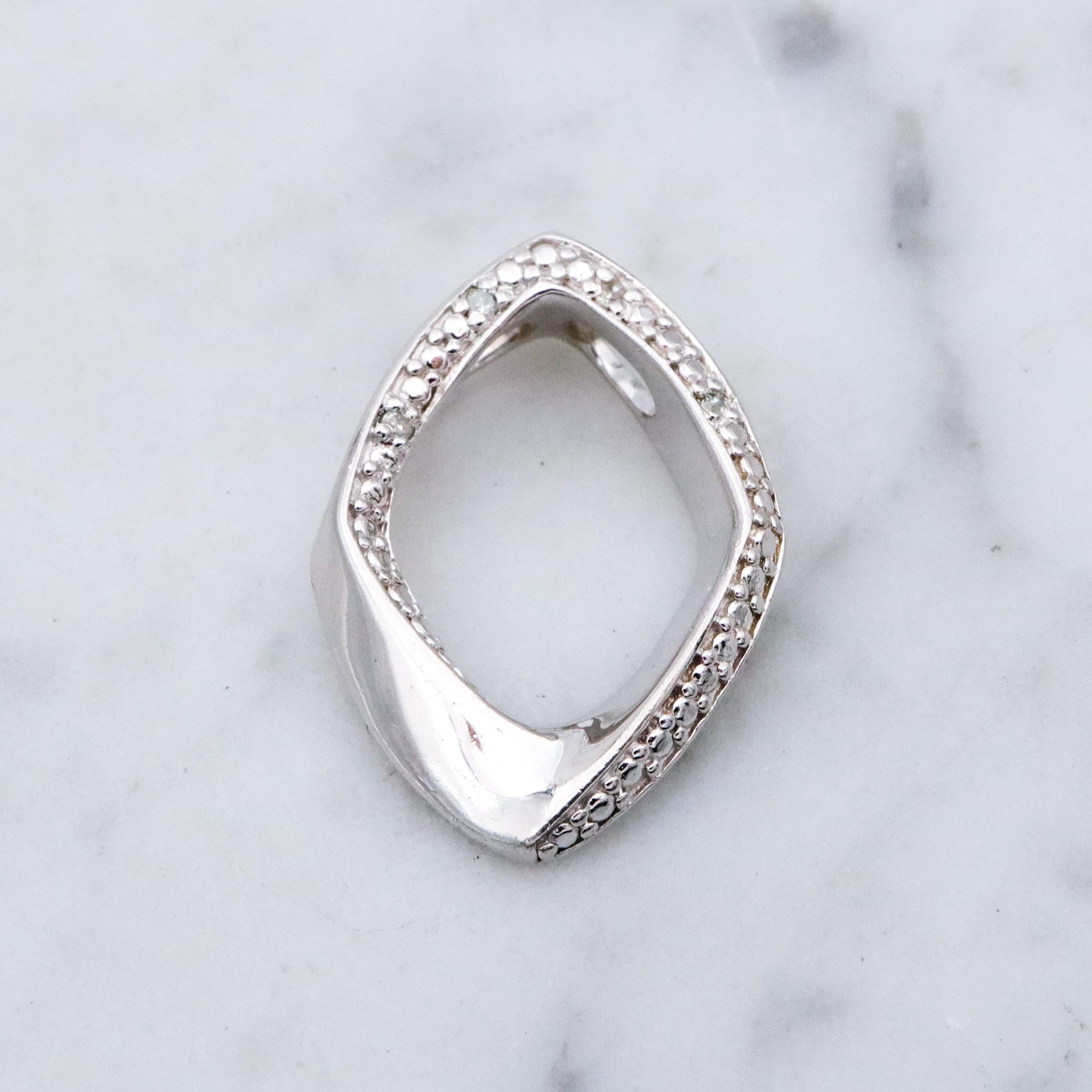 Modern Vintage sterling elongated navette pendant with diamond accents